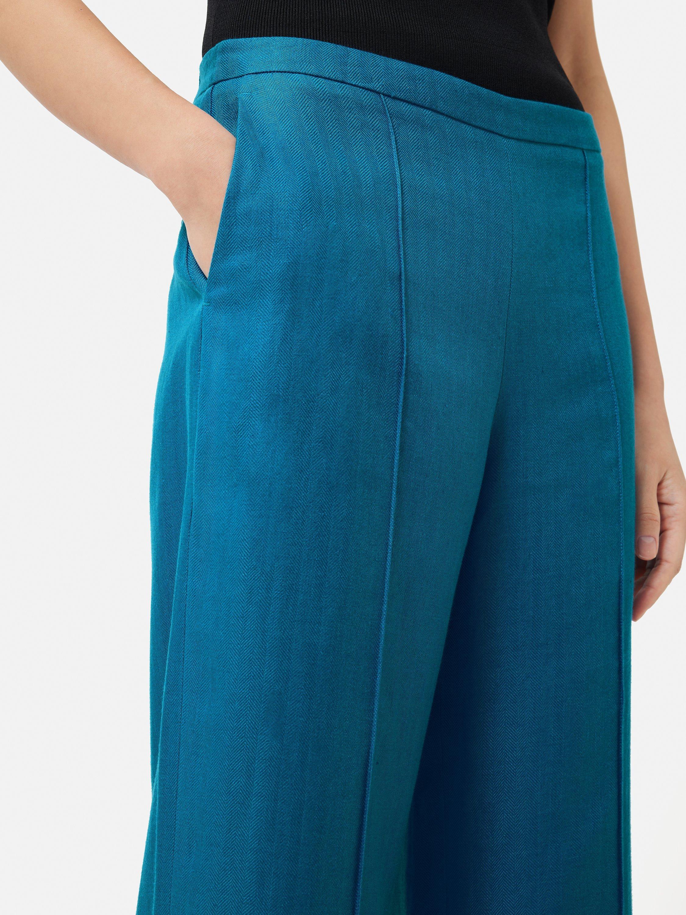 Jigsaw Herringbone Linen Palazzo Trousers, Teal, 6