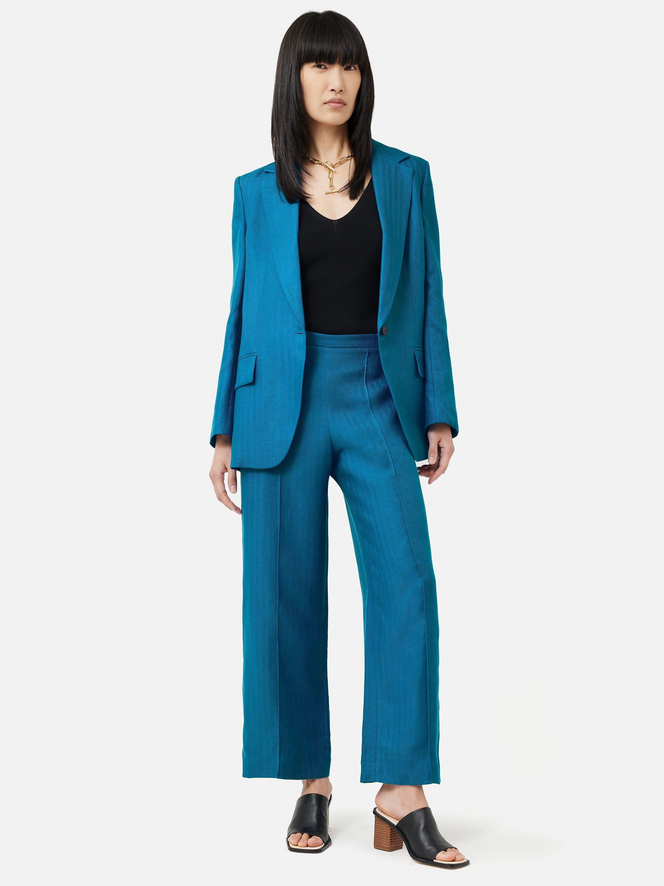 Jigsaw Herringbone Linen Palazzo Trousers, Teal, 6
