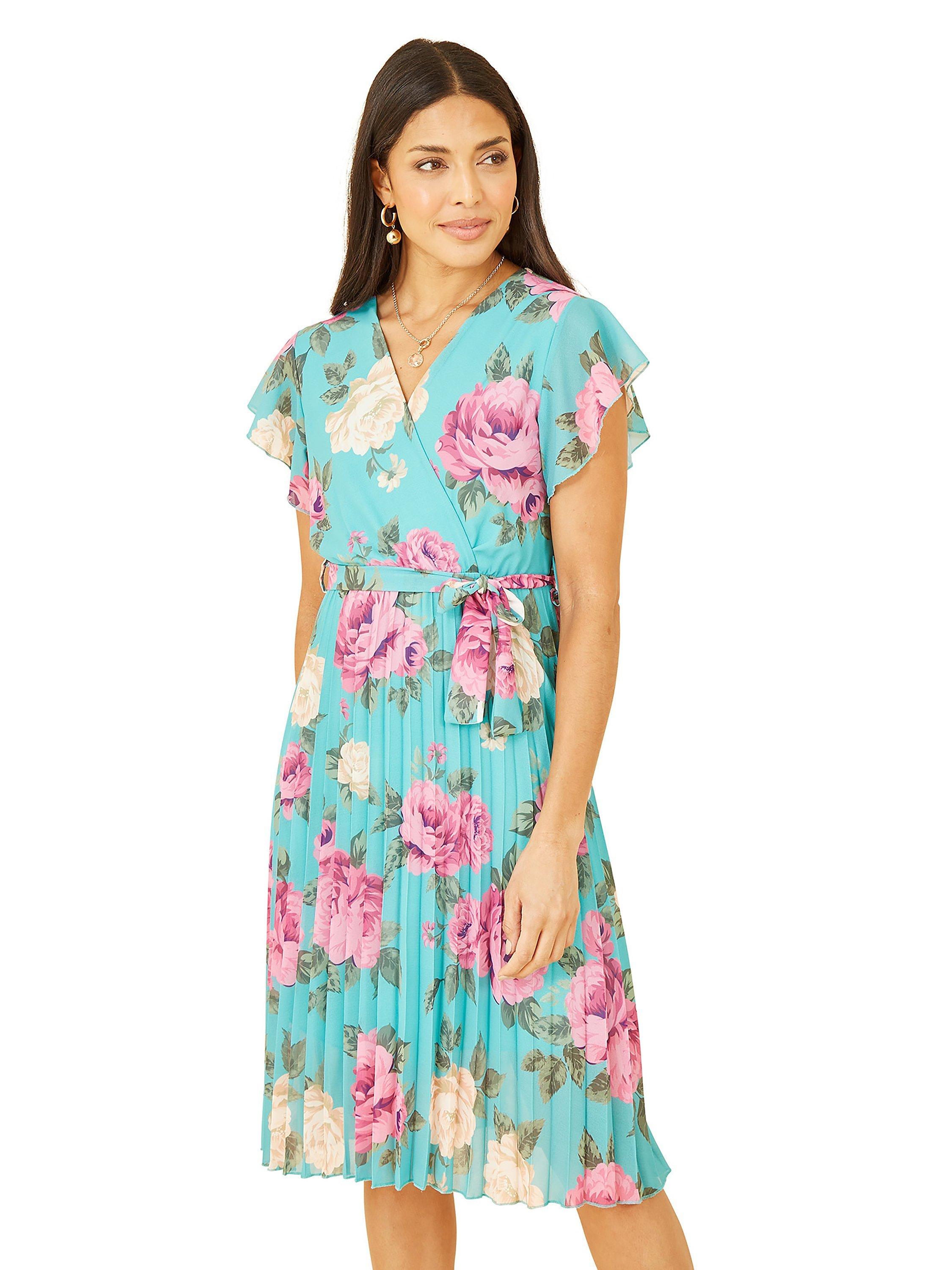 Product image 1 of 2, which shows Mela London Floral Wrap Pleated Dress, Green, 14