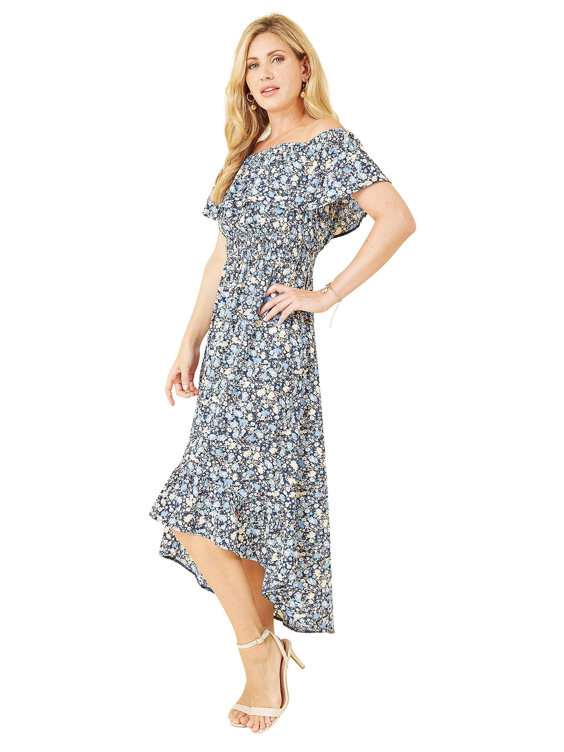 Yumi Floral Ditsy Bardot Midi Dress, Blue, 22