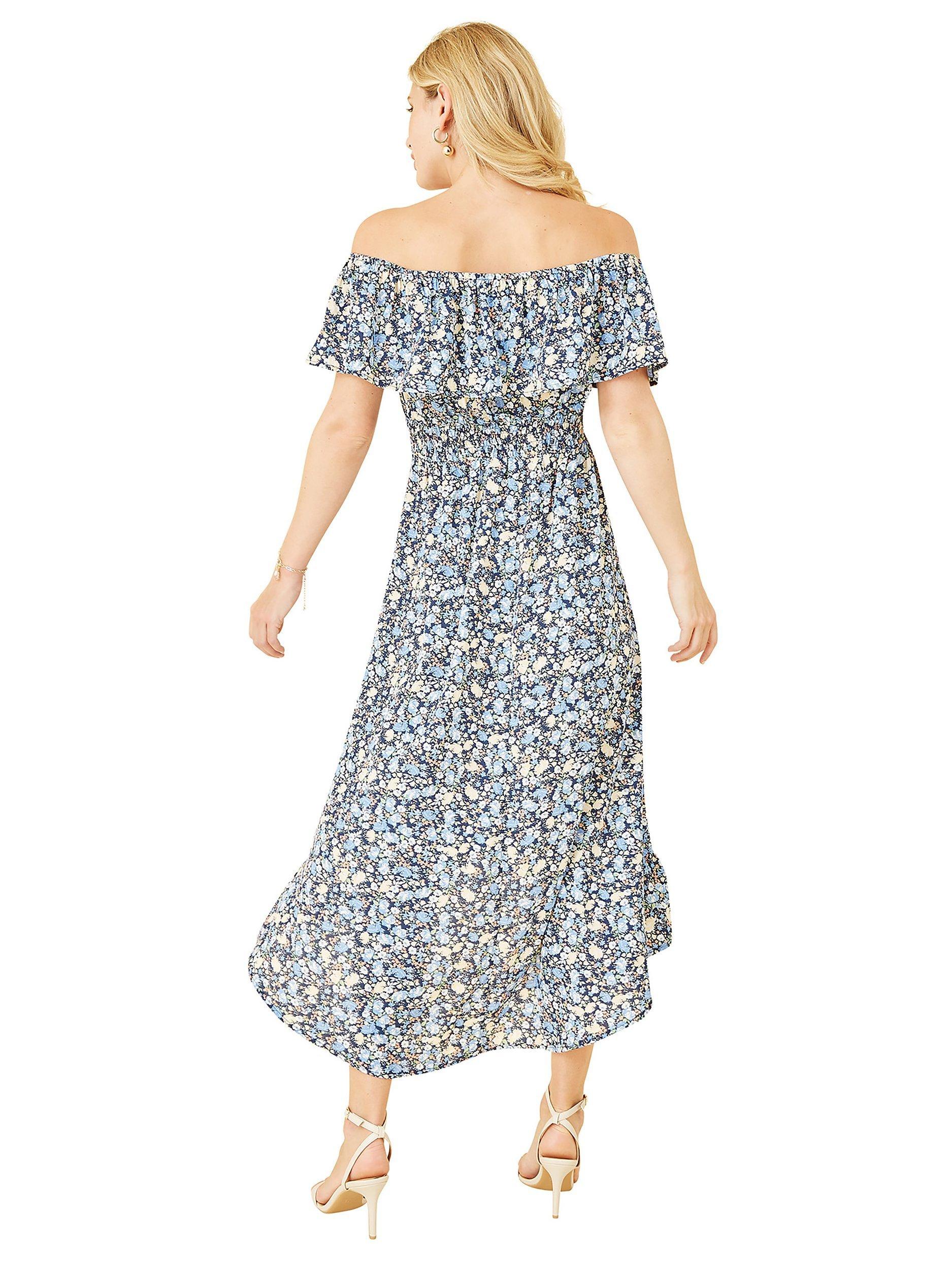 Yumi Floral Ditsy Bardot Midi Dress, Blue, 22