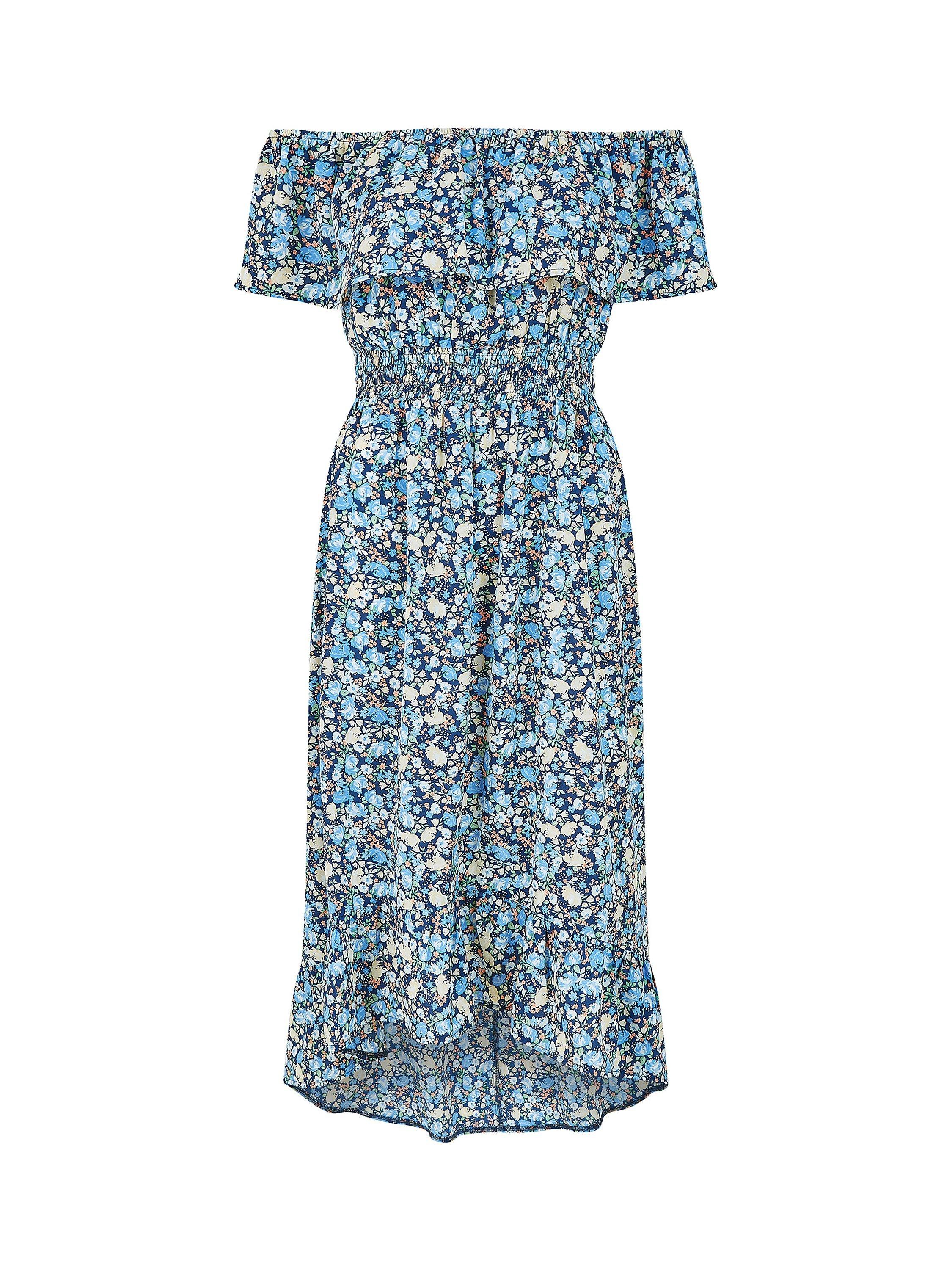 Yumi Floral Ditsy Bardot Midi Dress, Blue, 22