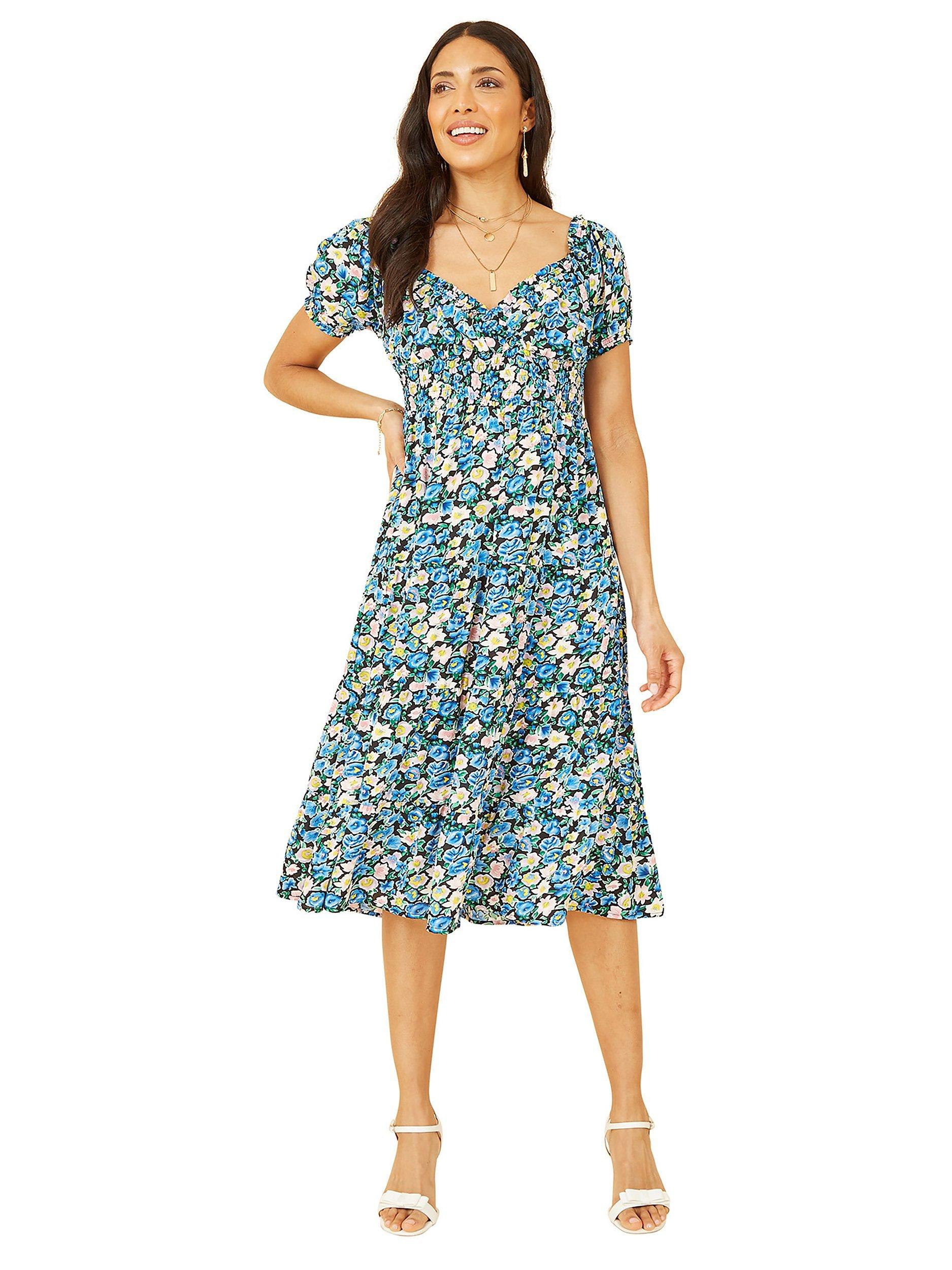 Product image 1 of 4, which shows Yumi Floral Ditsy Bardot Midi Dress, Navy, 8