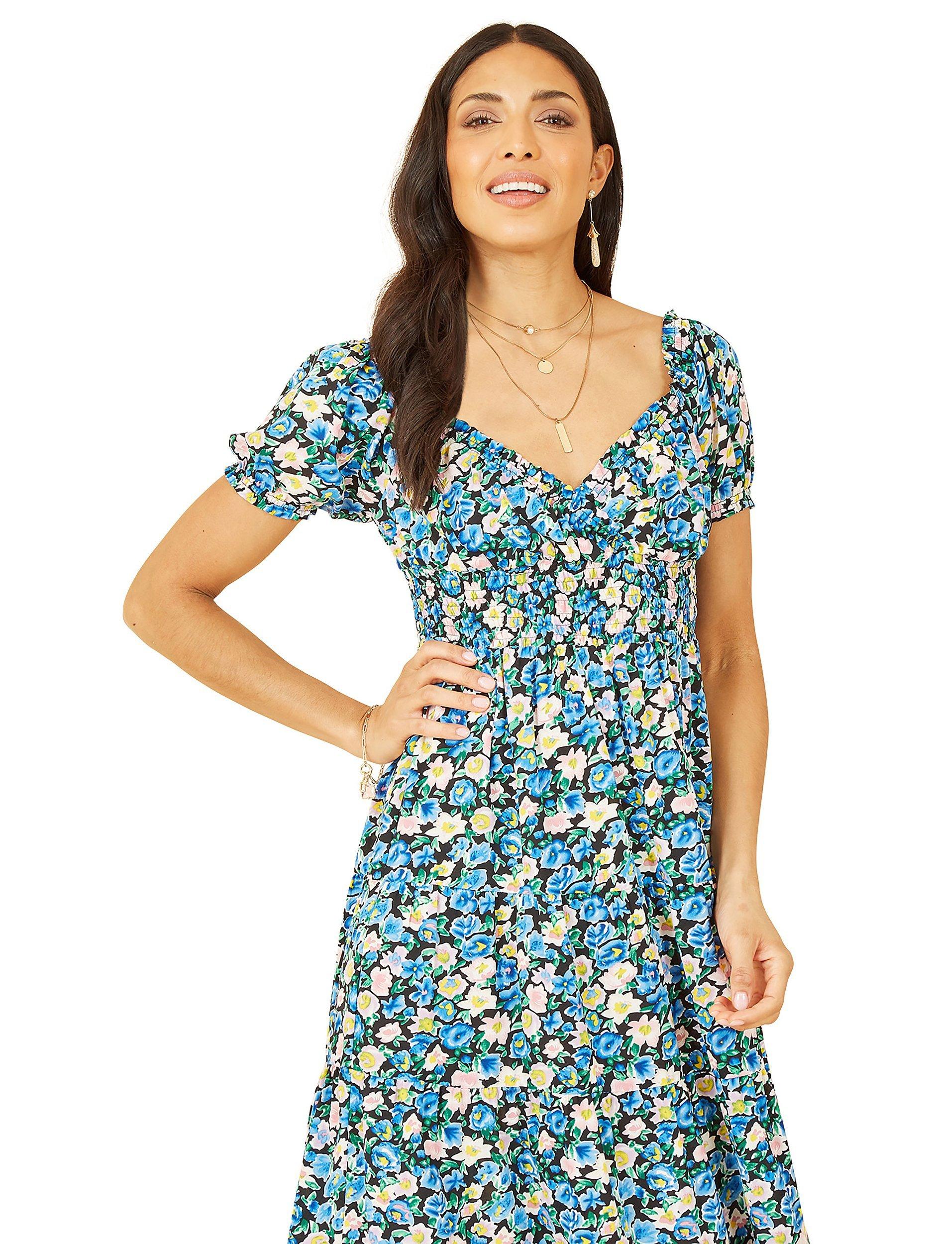 Product image 2 of 4, which shows Yumi Floral Ditsy Bardot Midi Dress, Navy, 8