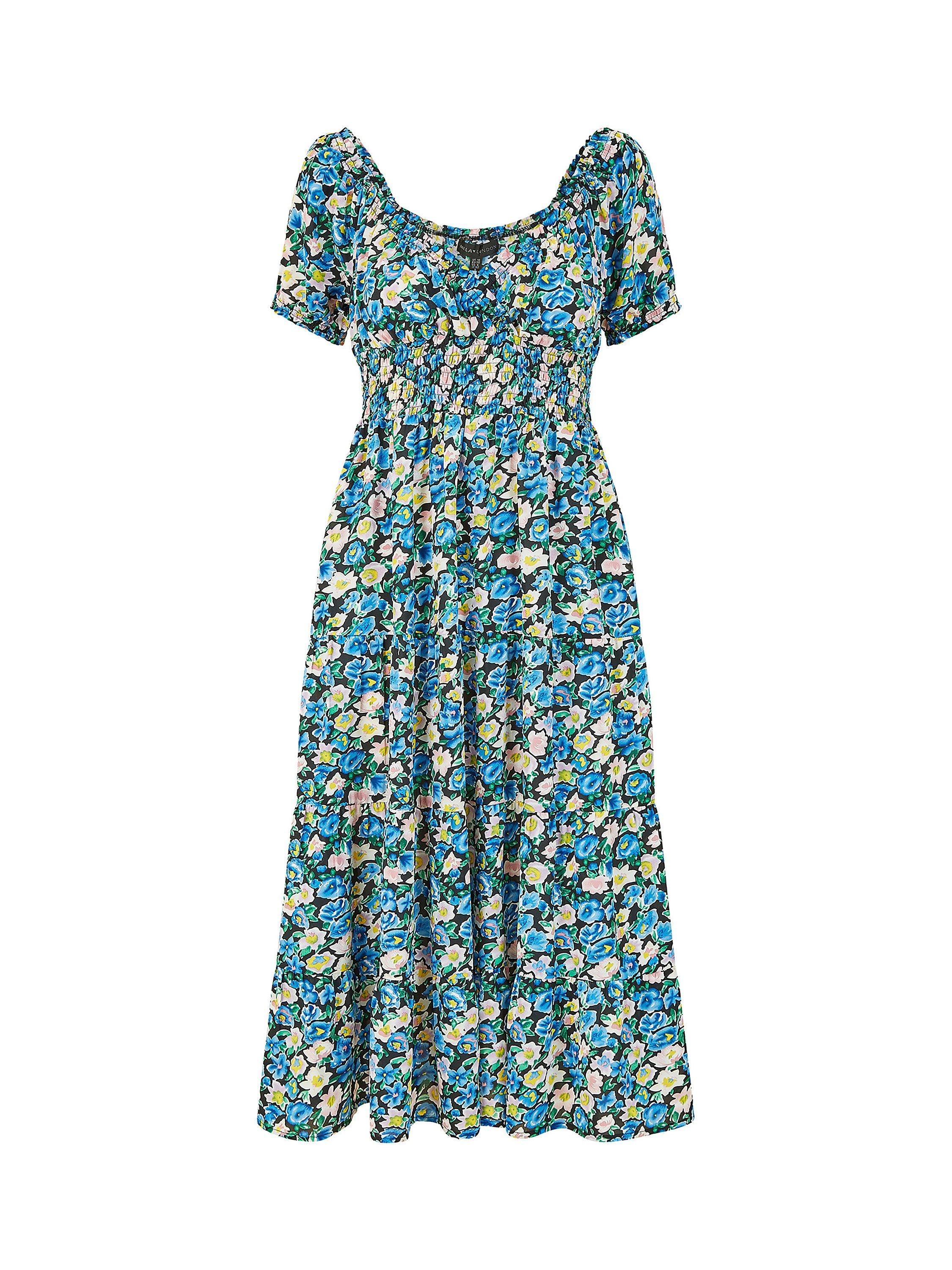 Product image 4 of 4, which shows Yumi Floral Ditsy Bardot Midi Dress, Navy, 8