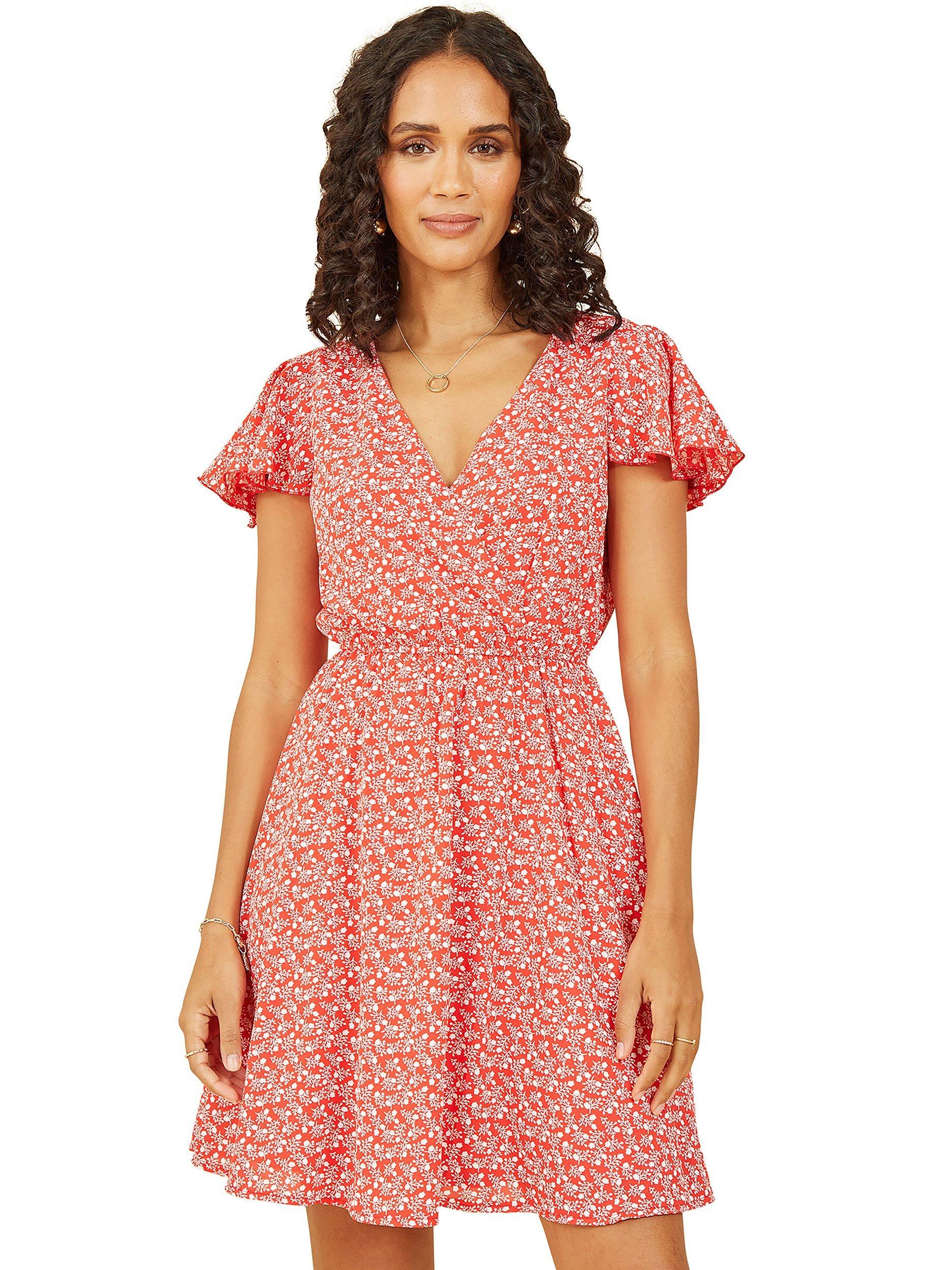 Product image 1 of 3, which shows Mela London Ditsy Wrap Neck Skater Dress, Red, 8