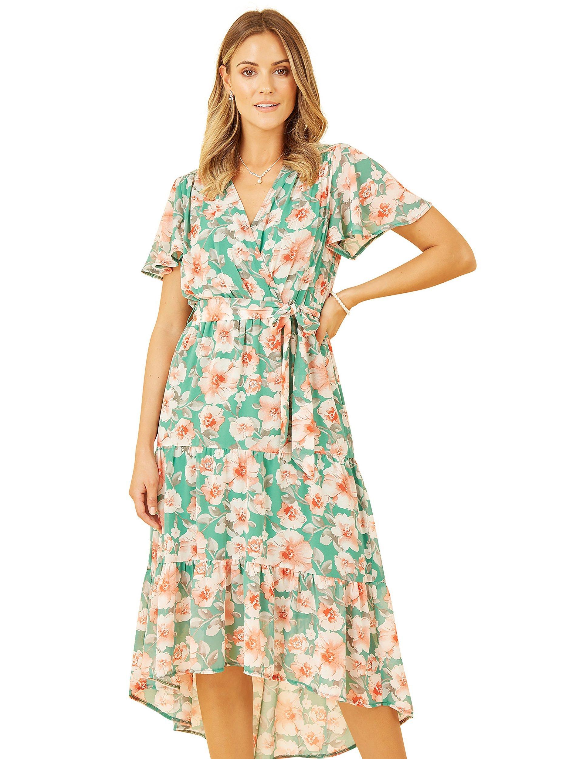 Product image 1 of 5, which shows Mela London Floral Wrap Tiered Dipped Hem Dress, Green/Multi, 8