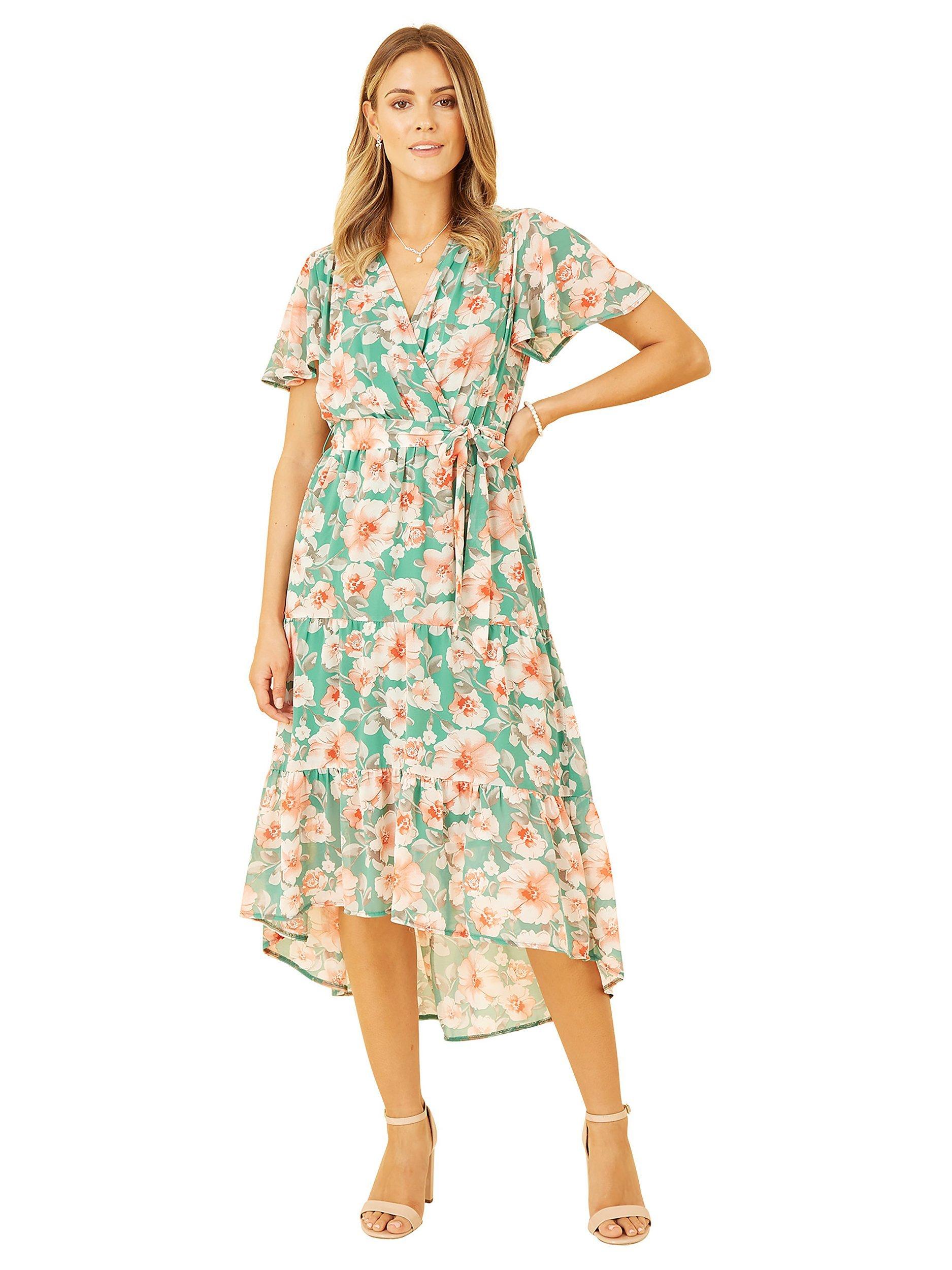 Product image 2 of 5, which shows Mela London Floral Wrap Tiered Dipped Hem Dress, Green/Multi, 8
