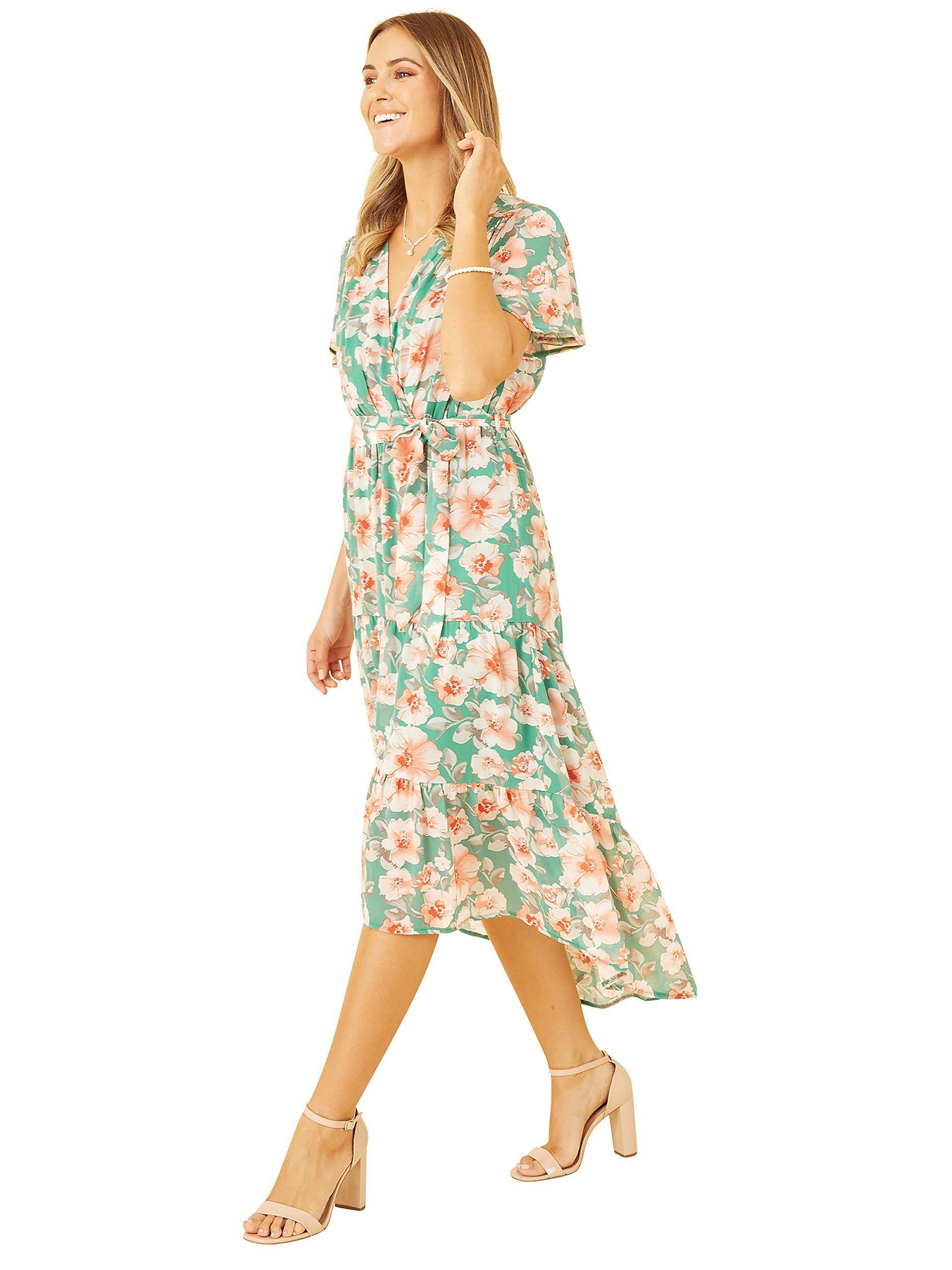 Product image 3 of 5, which shows Mela London Floral Wrap Tiered Dipped Hem Dress, Green/Multi, 8