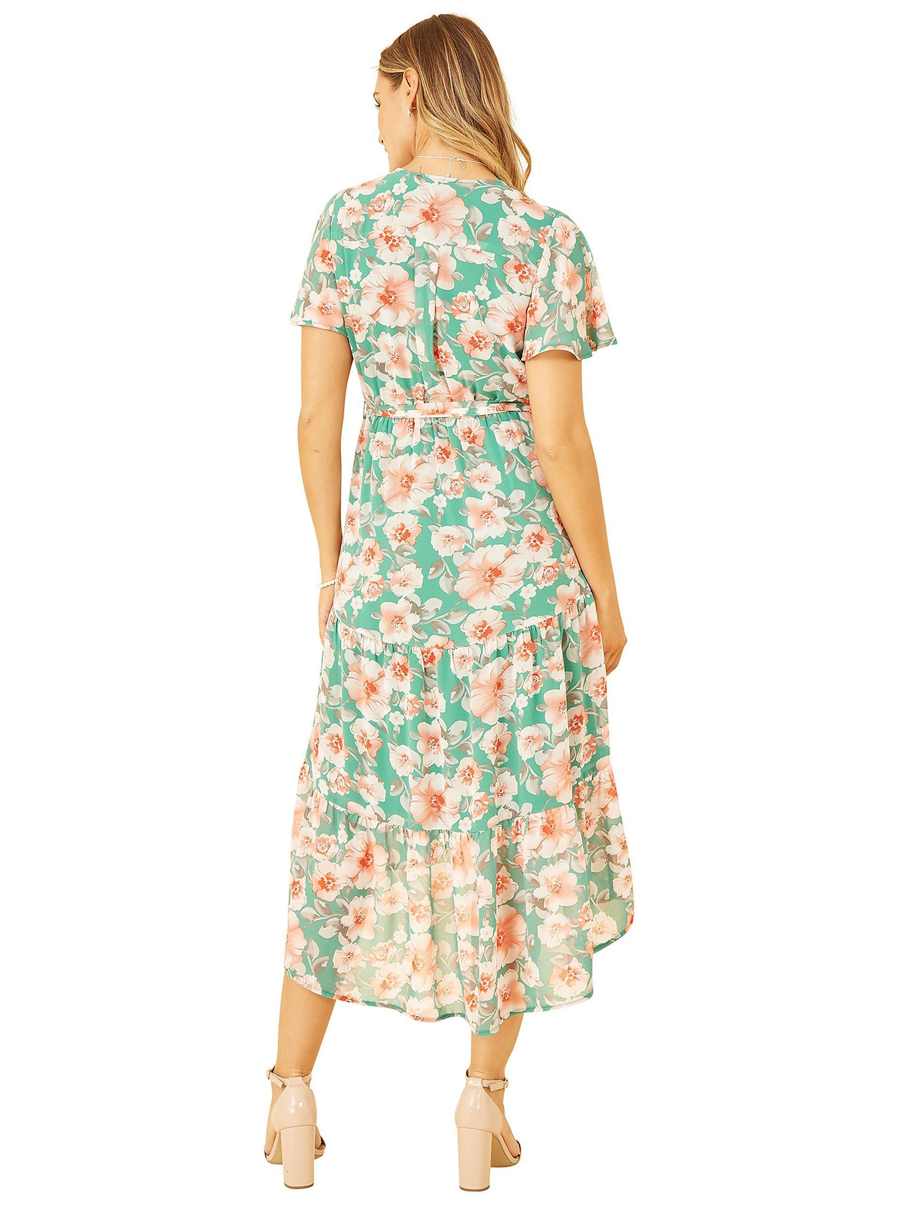 Product image 4 of 5, which shows Mela London Floral Wrap Tiered Dipped Hem Dress, Green/Multi, 8