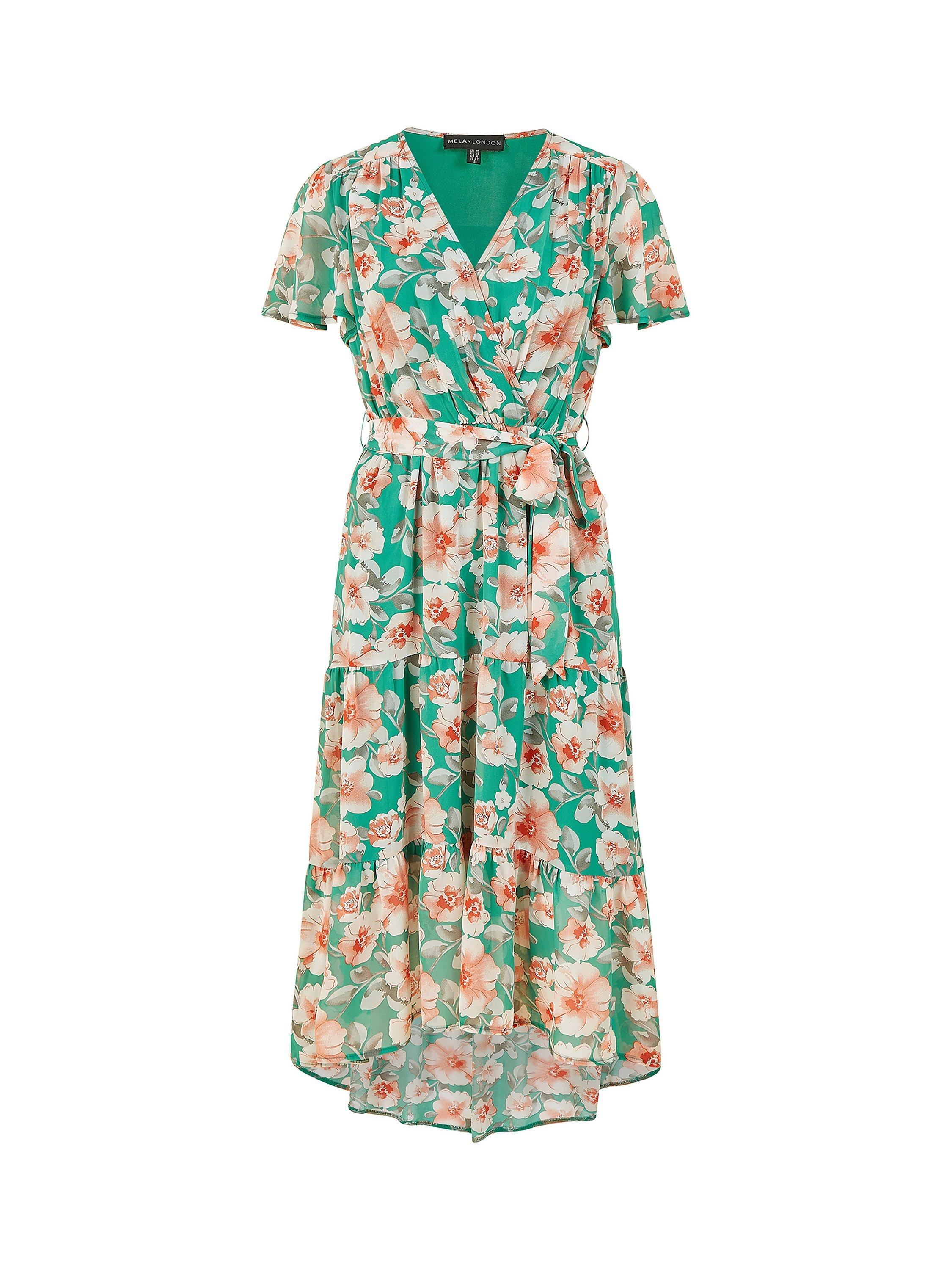 Product image 5 of 5, which shows Mela London Floral Wrap Tiered Dipped Hem Dress, Green/Multi, 8