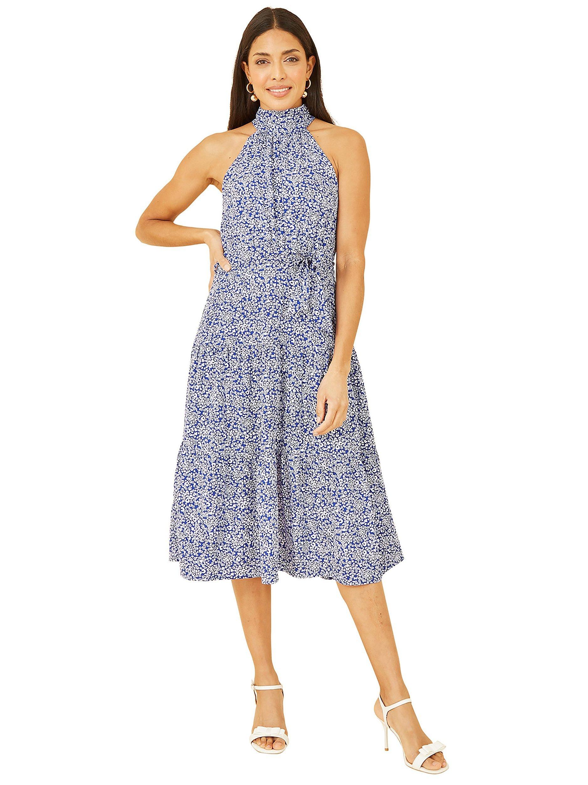 Product image 1 of 5, which shows Mela London Ditsy Floral Halterneck Midi Dress, Blue, 8