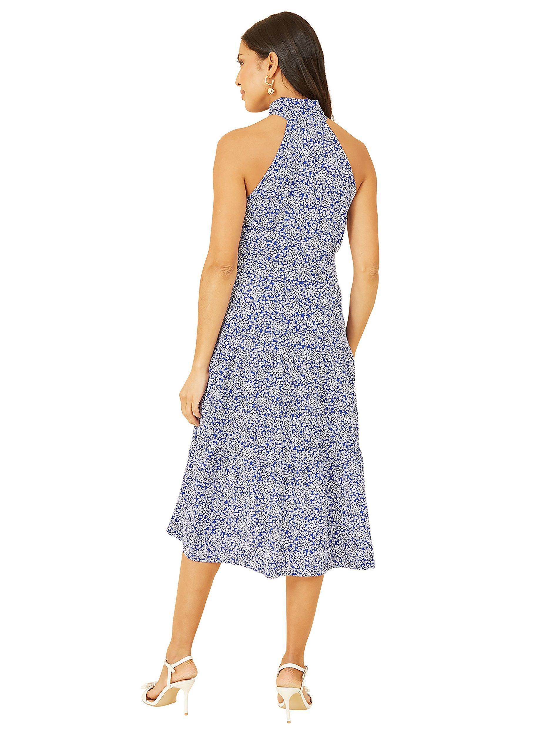 Product image 3 of 5, which shows Mela London Ditsy Floral Halterneck Midi Dress, Blue, 8
