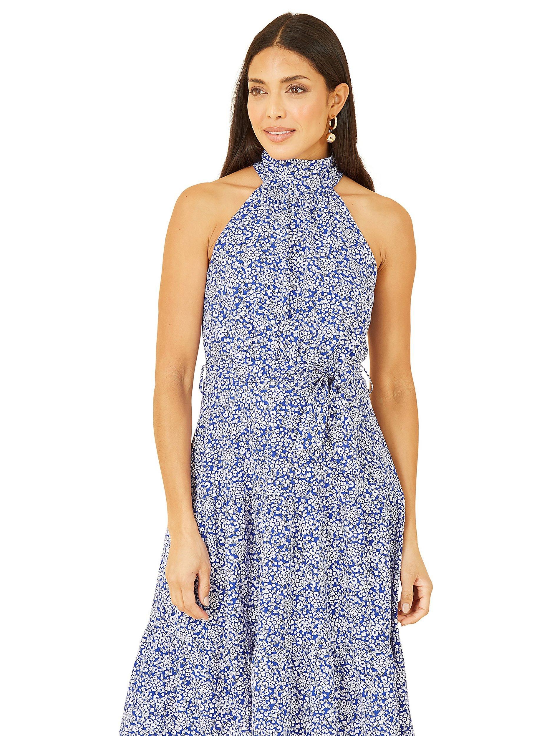 Product image 4 of 5, which shows Mela London Ditsy Floral Halterneck Midi Dress, Blue, 8