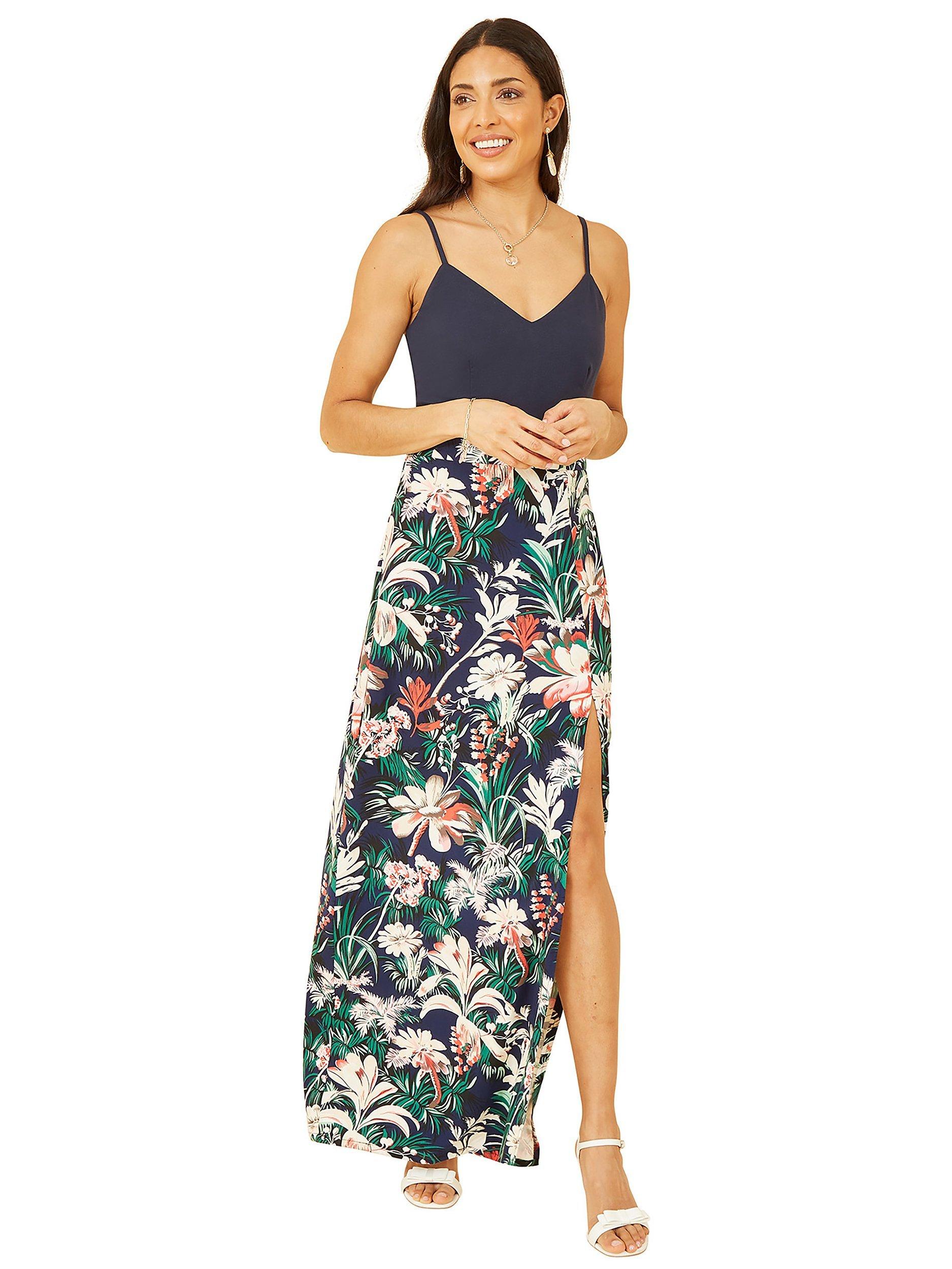 Product image 1 of 5, which shows Mela London Leaf Print Maxi Dress, Navy, 8