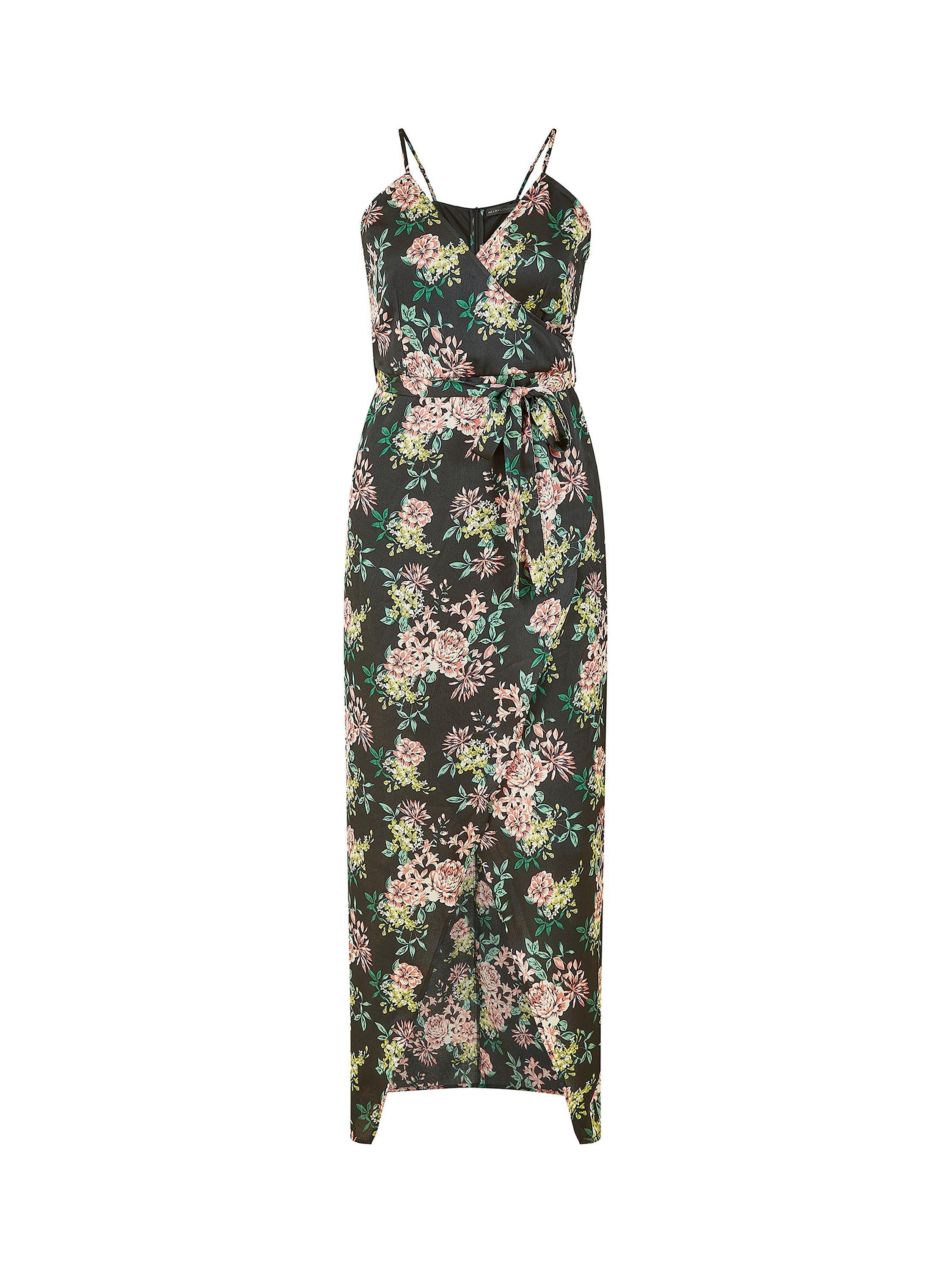 Product image 5 of 5, which shows Mela London Floral Print Midi Wrap Dress, Black, 8