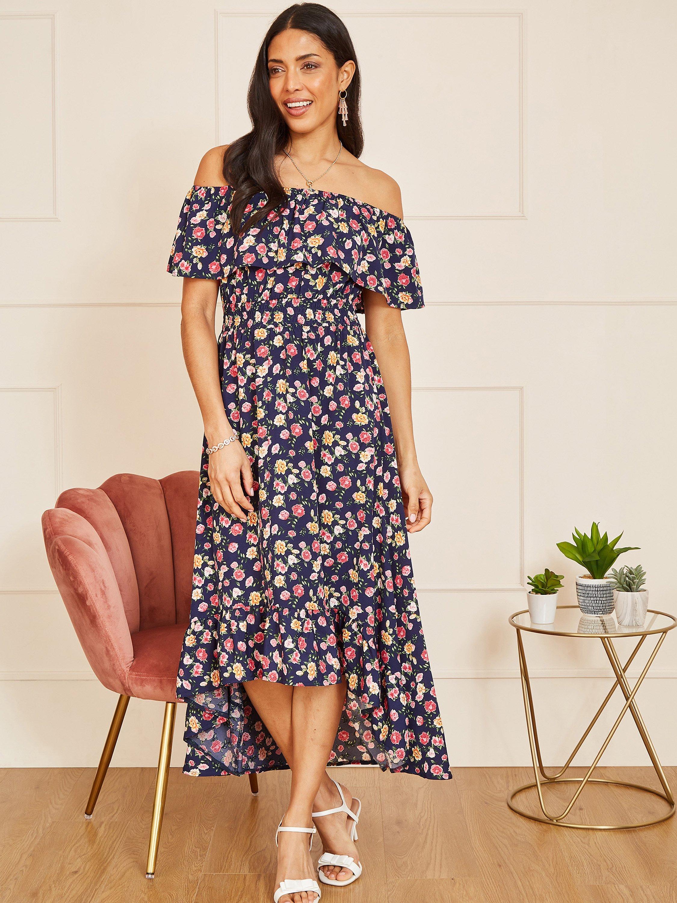 Mela London Floral Print Bardot Dress Navy