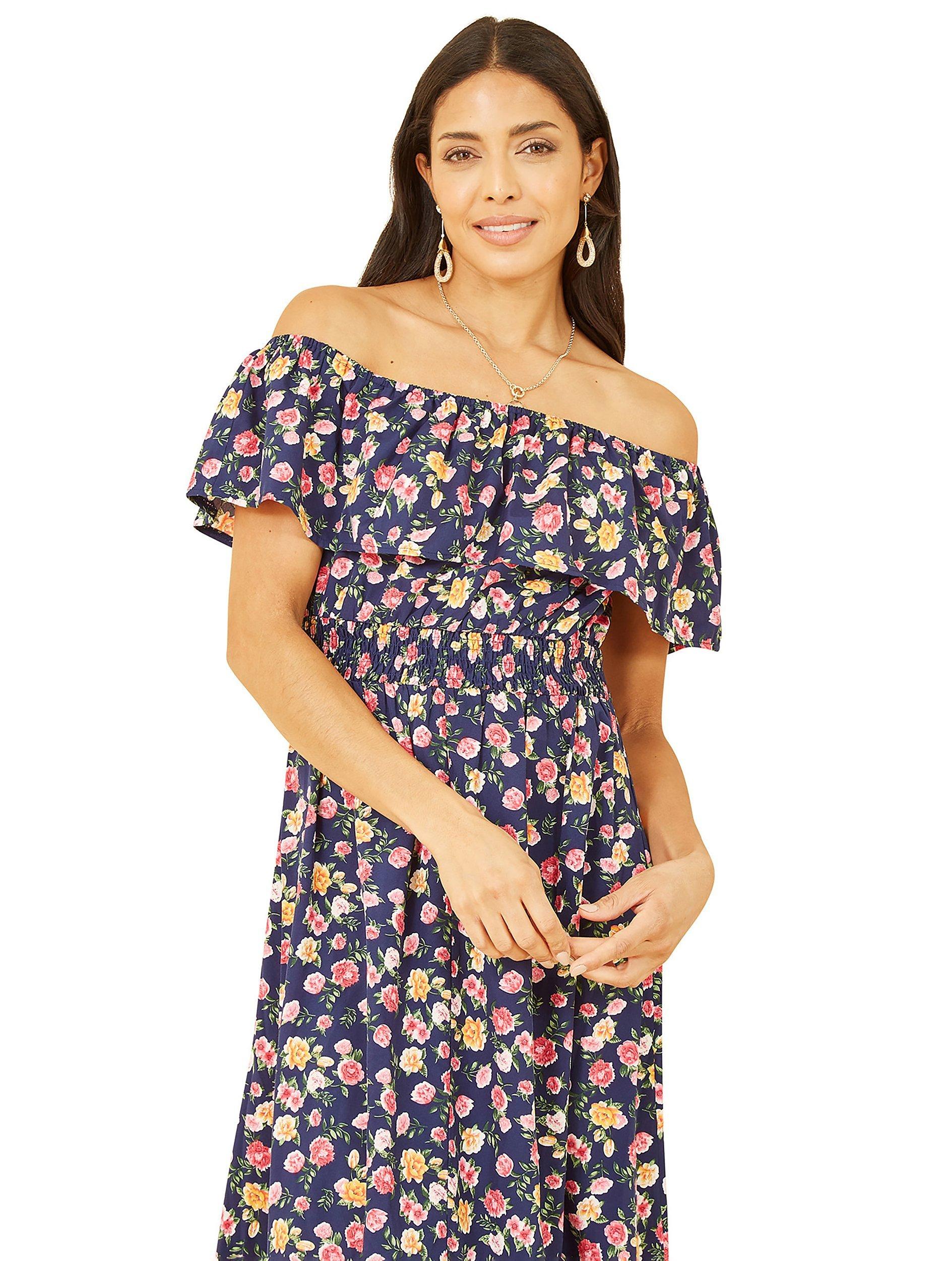 Product image 2 of 4, which shows Mela London Floral Print Bardot Dress, Navy, 8