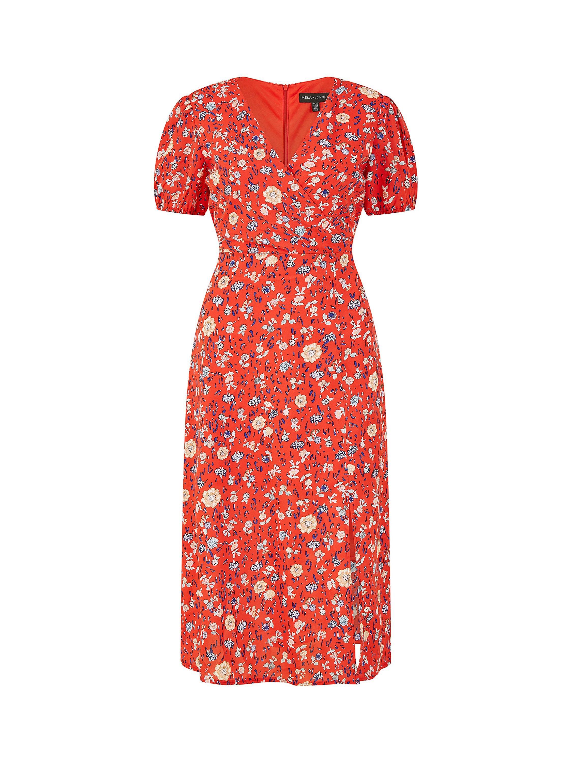 Product image 5 of 5, which shows Mela London Floral Print Midi Dress, Red, 8