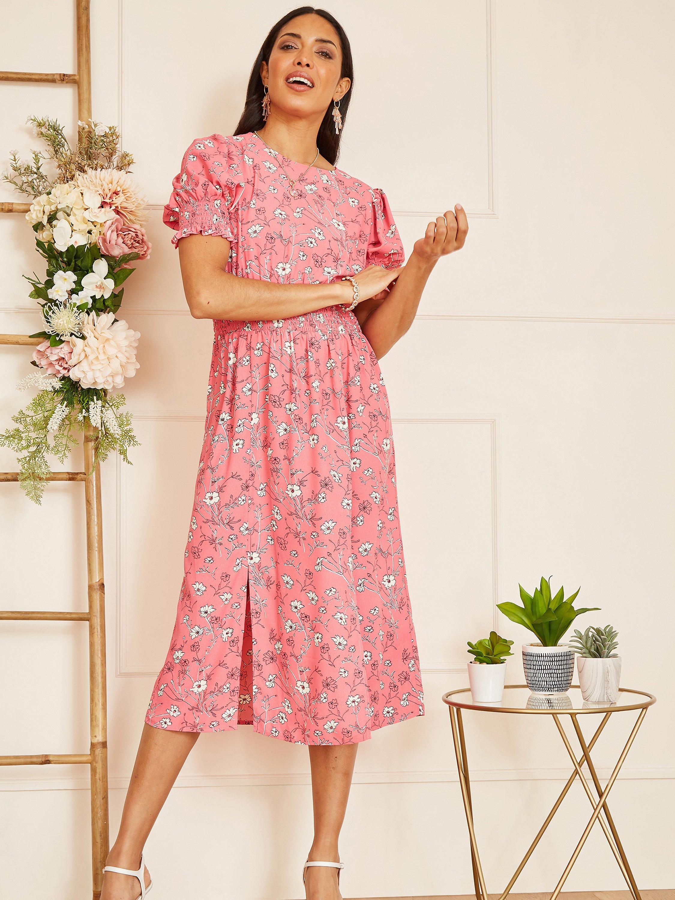 Product image 1 of 1, which shows Mela London Floral Print Ruched Waist Midi Dress, Pink, 12