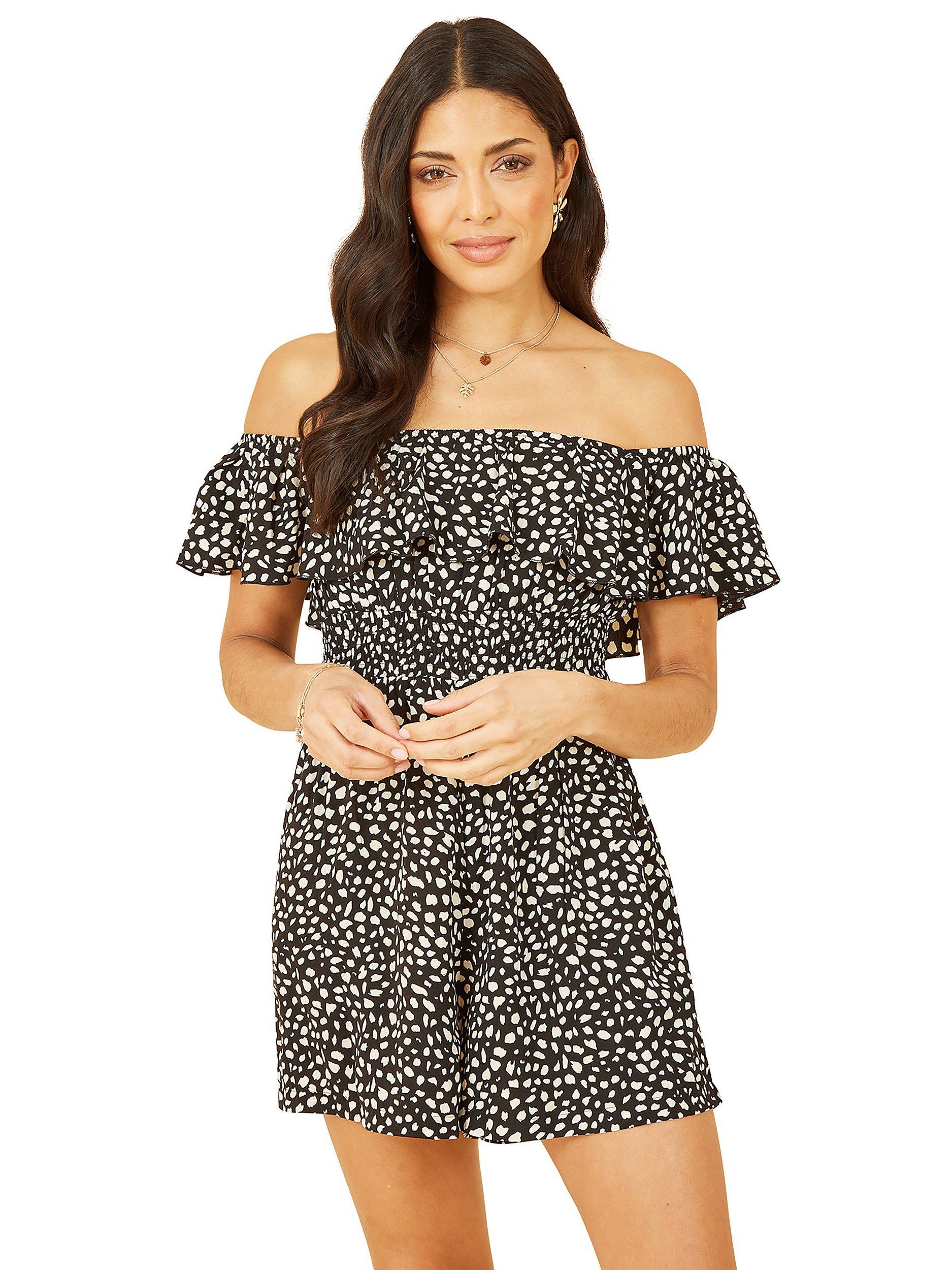 Product image 1 of 4, which shows Yumi Mela London Spot Bardot Playsuit, Black, 8