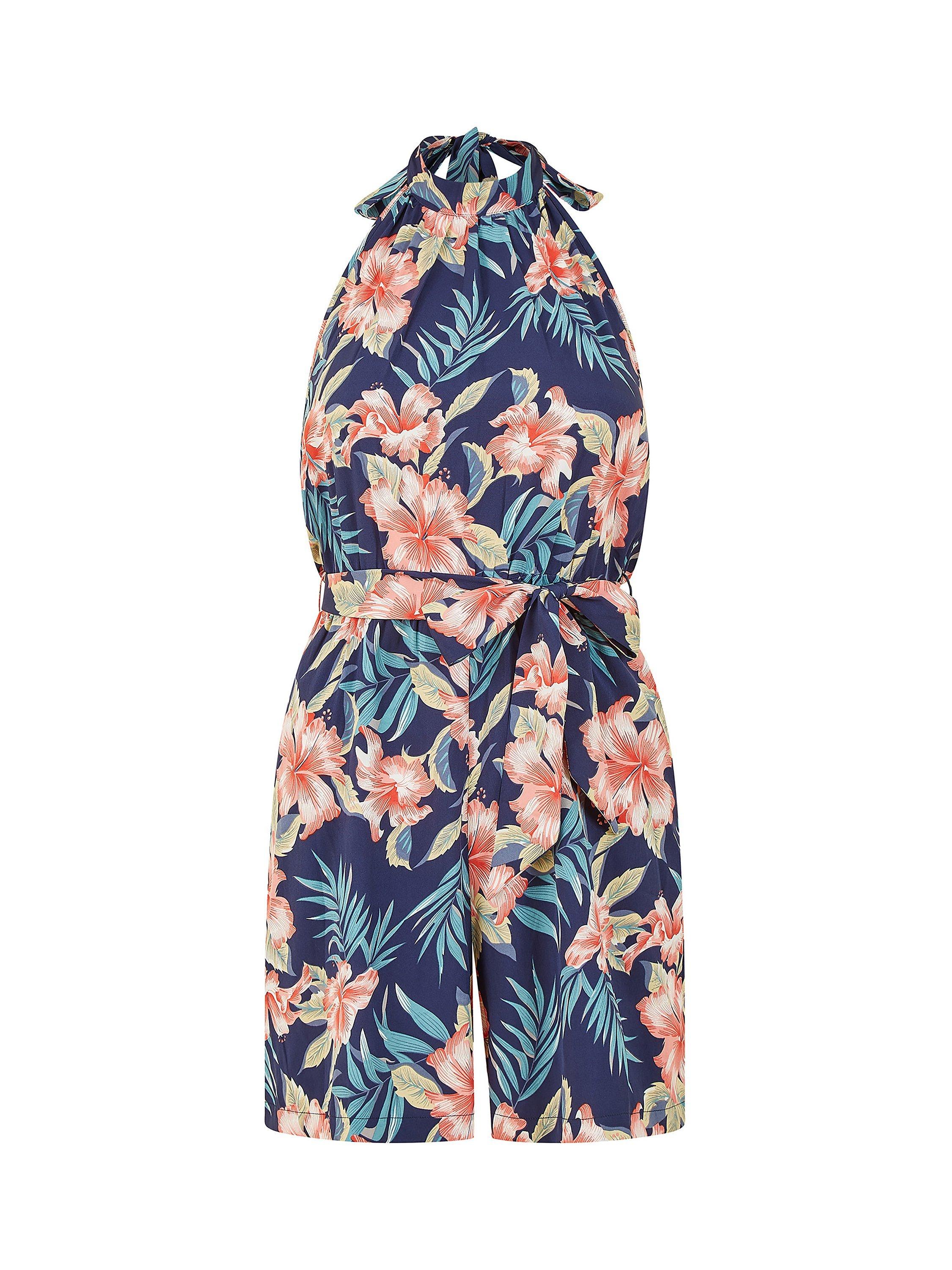 Product image 5 of 5, which shows Yumi Palm Print Halter Neck Playsuit, Navy, 12