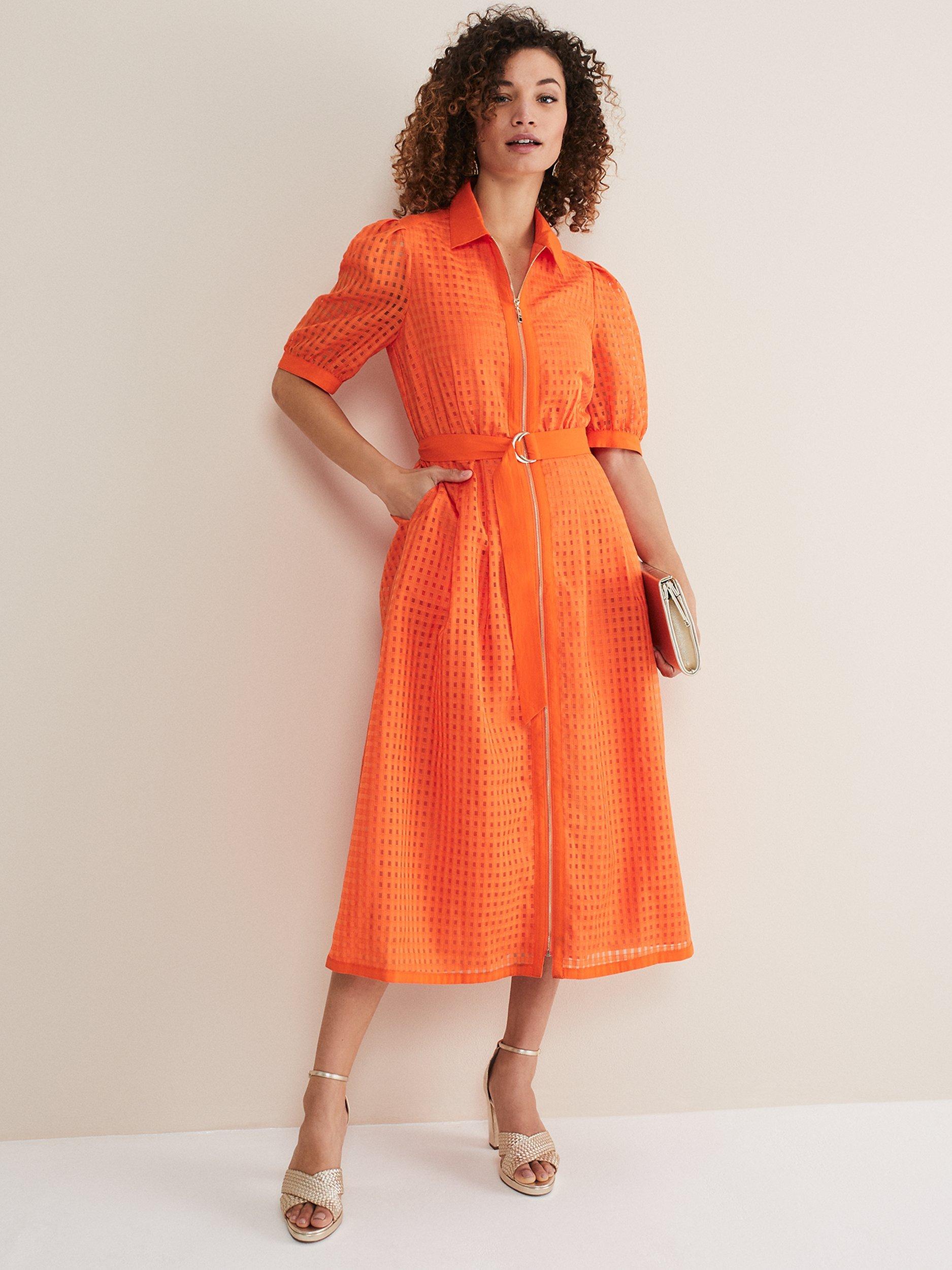 Phase Eight Carey Checked Textured Midi Dress Orange 10