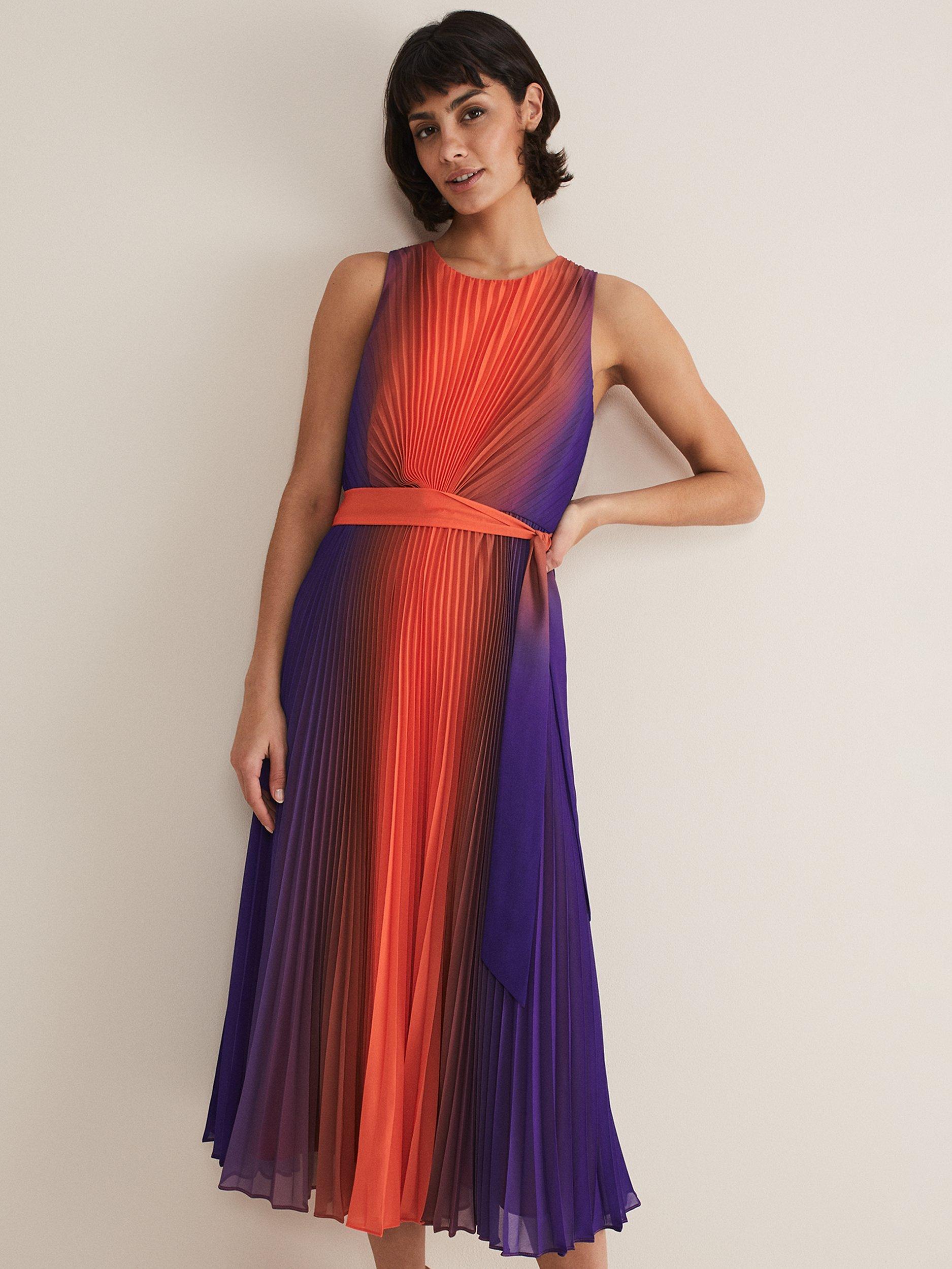 Product image 3 of 7, which shows Phase Eight Simara Ombre Dress, Vermillion/Multi, 14