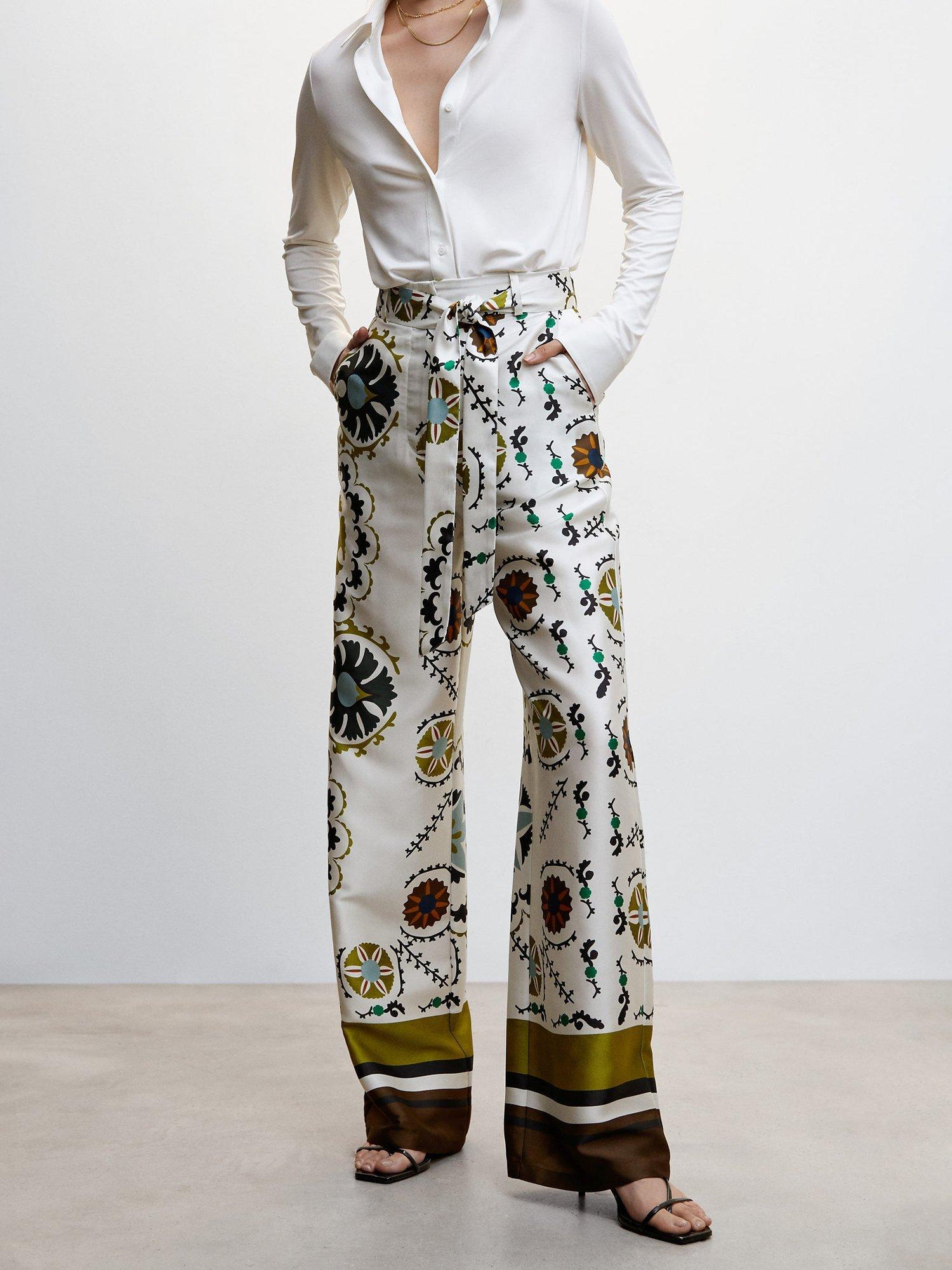 Mango Cordoba Satin Printed Trousers, White/Multi