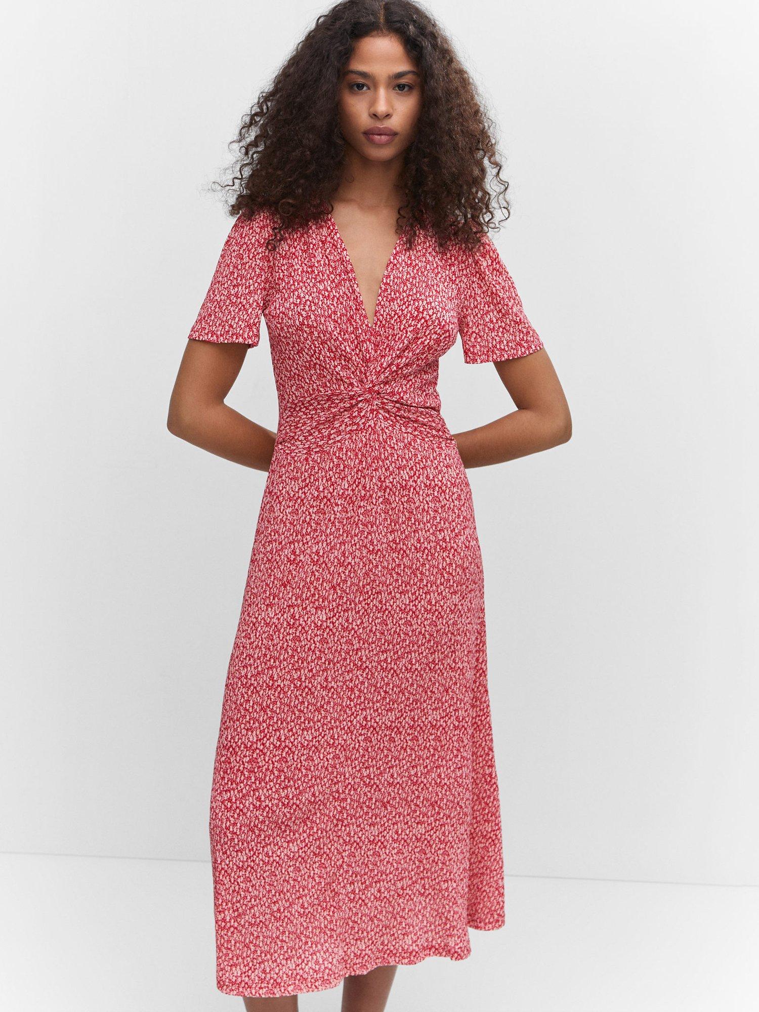 Mango Poma Textured Printed Midi Dress, Red