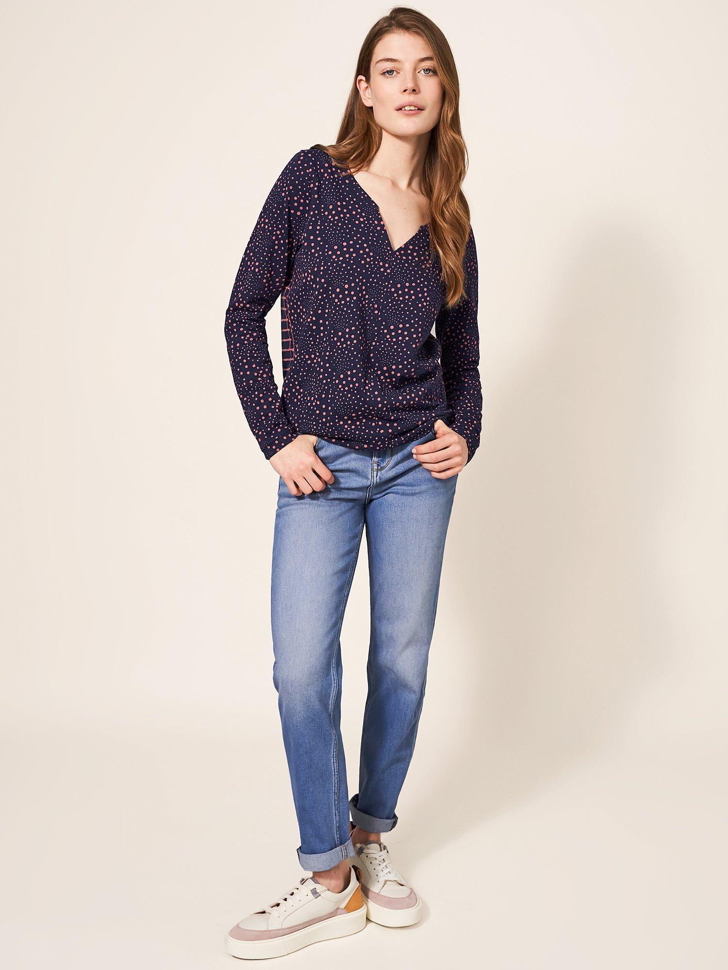 White Stuff Nelly Long Sleeve Printed Cotton Top, Navy/Multi