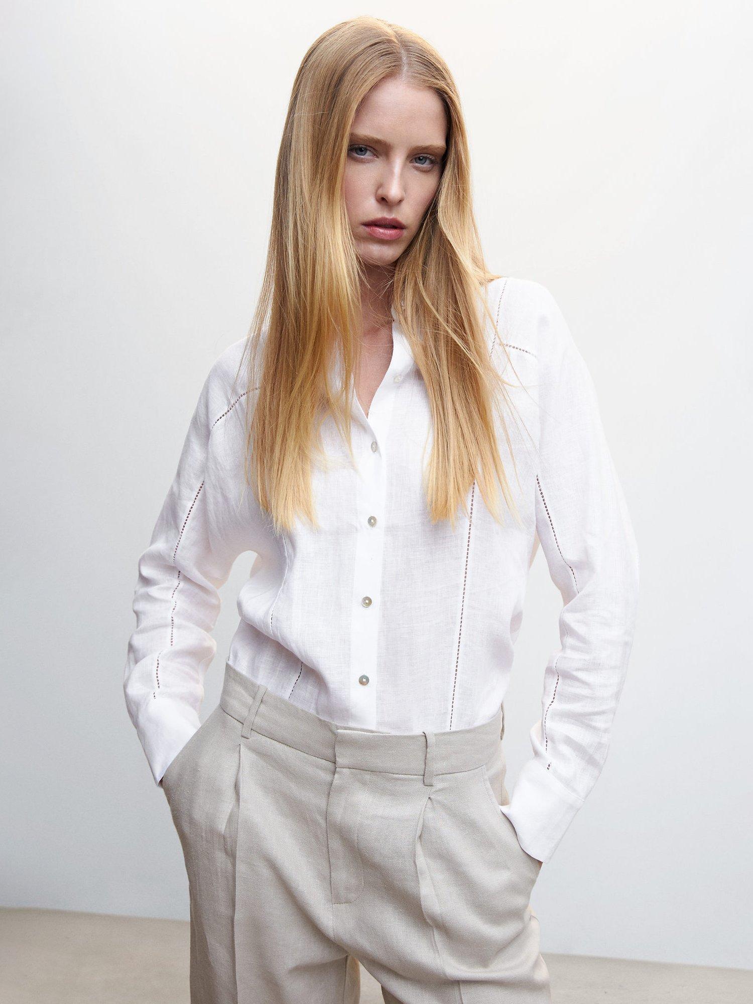 Mango Bronte Openwork Detail Linen Blouse, White