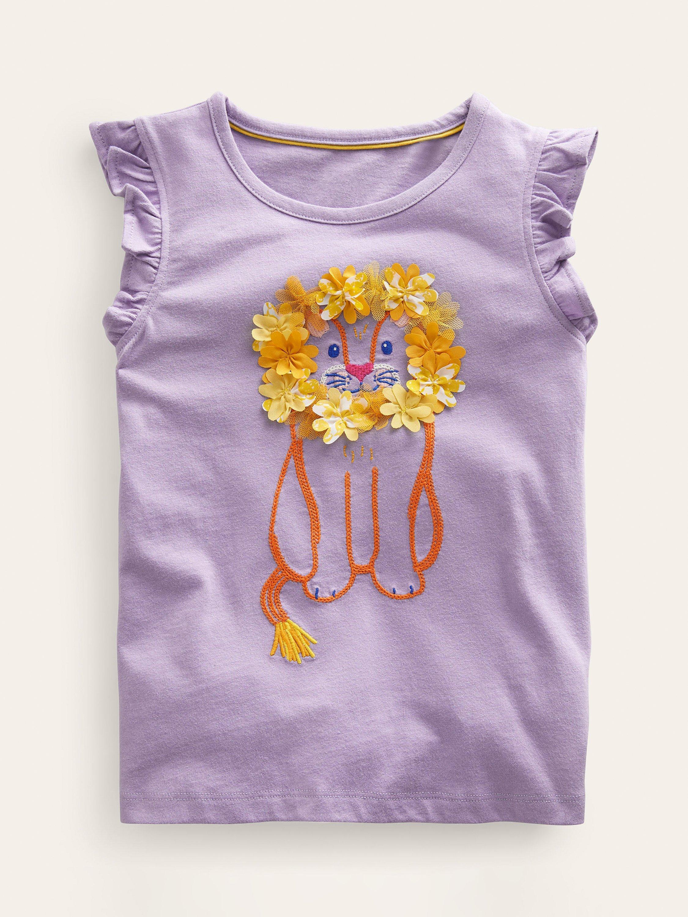 Mini Boden Kids' Embroidered Lion Flutter T-Shirt, Misty Lavender