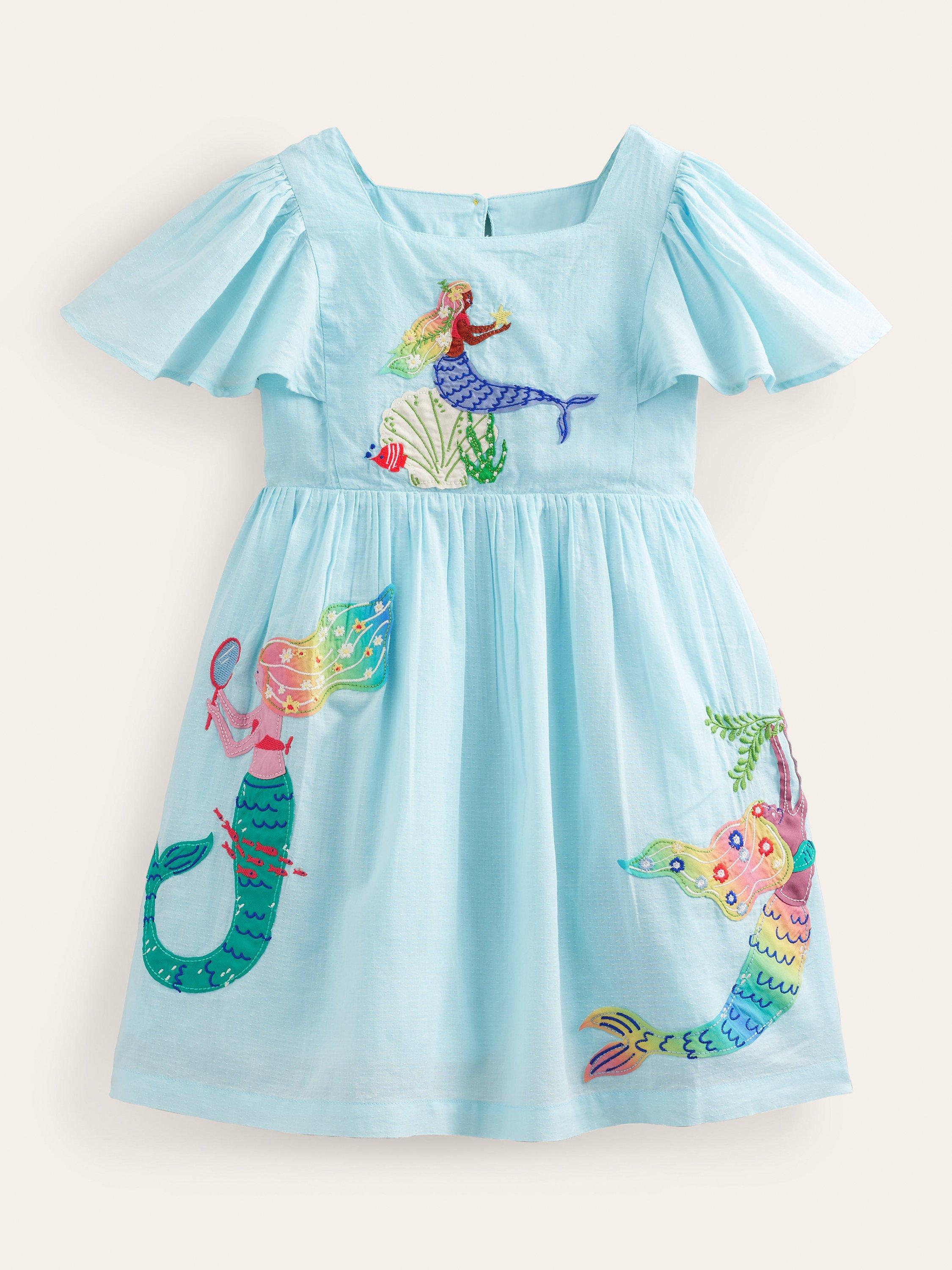 Mini Boden Kids' Mermaid Applique Flutter Sleeve Dress, Iced Aqua