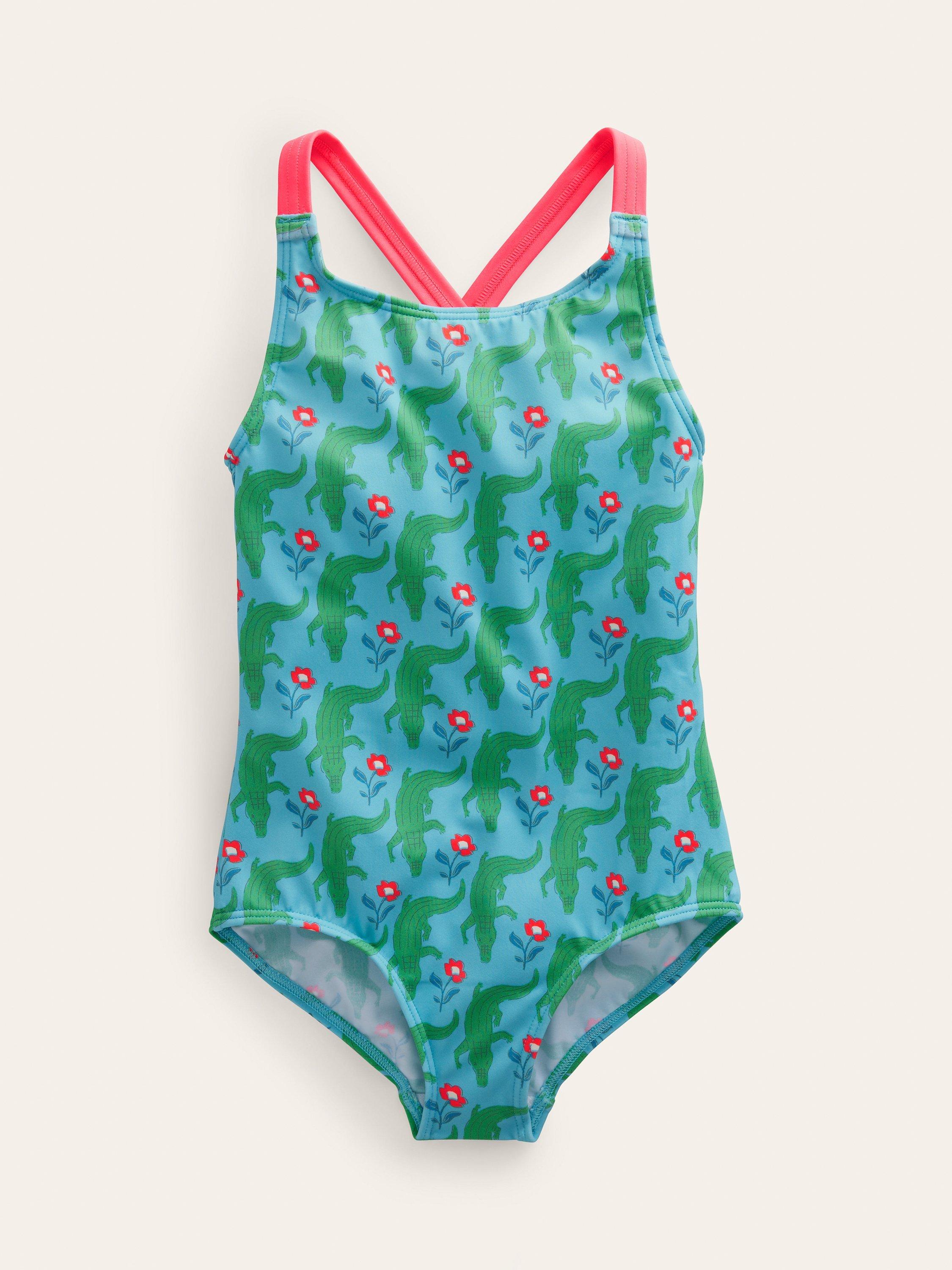 Mini Boden Kids' Cross Back Crocodile Print Swimsuit, Aqua
