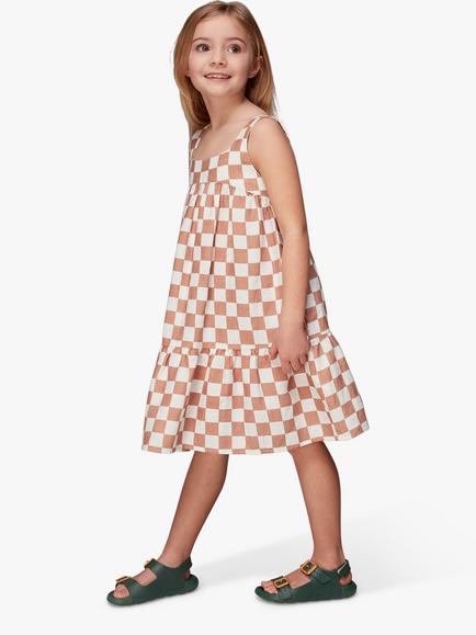 Whistles Kids' Avery Linen Blend Checkerboard Sleeveless Dress, Multi, Multicolour