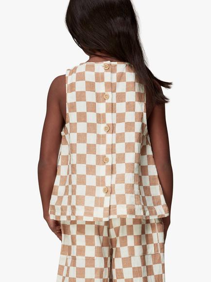 Whistles Kids' Linen Blend Checkerboard Sleeveless Top, Multi - view 2, Multicolour