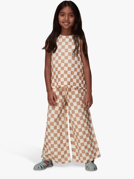 Whistles Kids' Linen Blend Checkerboard Wide Leg Trousers, Multi, Multicolour
