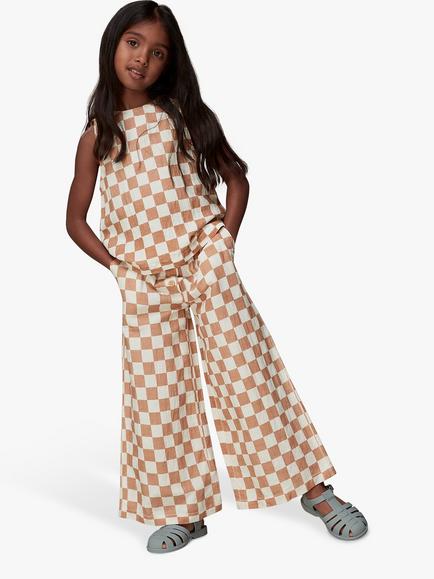 Whistles Kids' Linen Blend Checkerboard Wide Leg Trousers, Multi - view 2, Multicolour