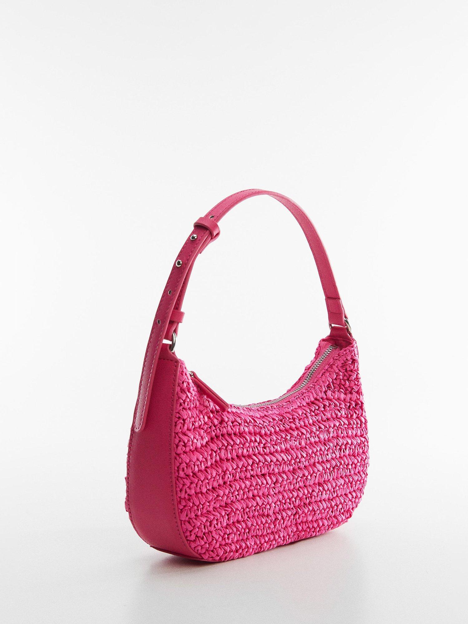 Mango Tenerife Straw Handbag, Bright Pink, One Size