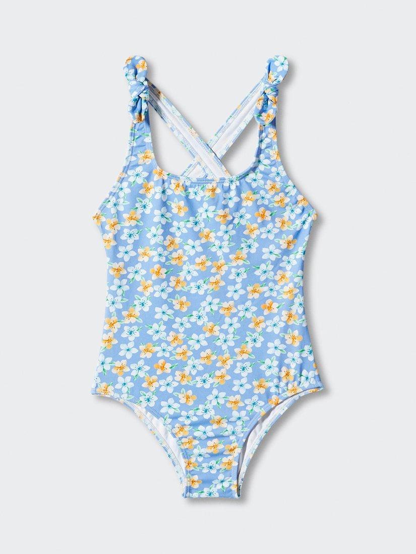 Mango Kids' Floral Print Cross Back Swimsuit, Medium Blue