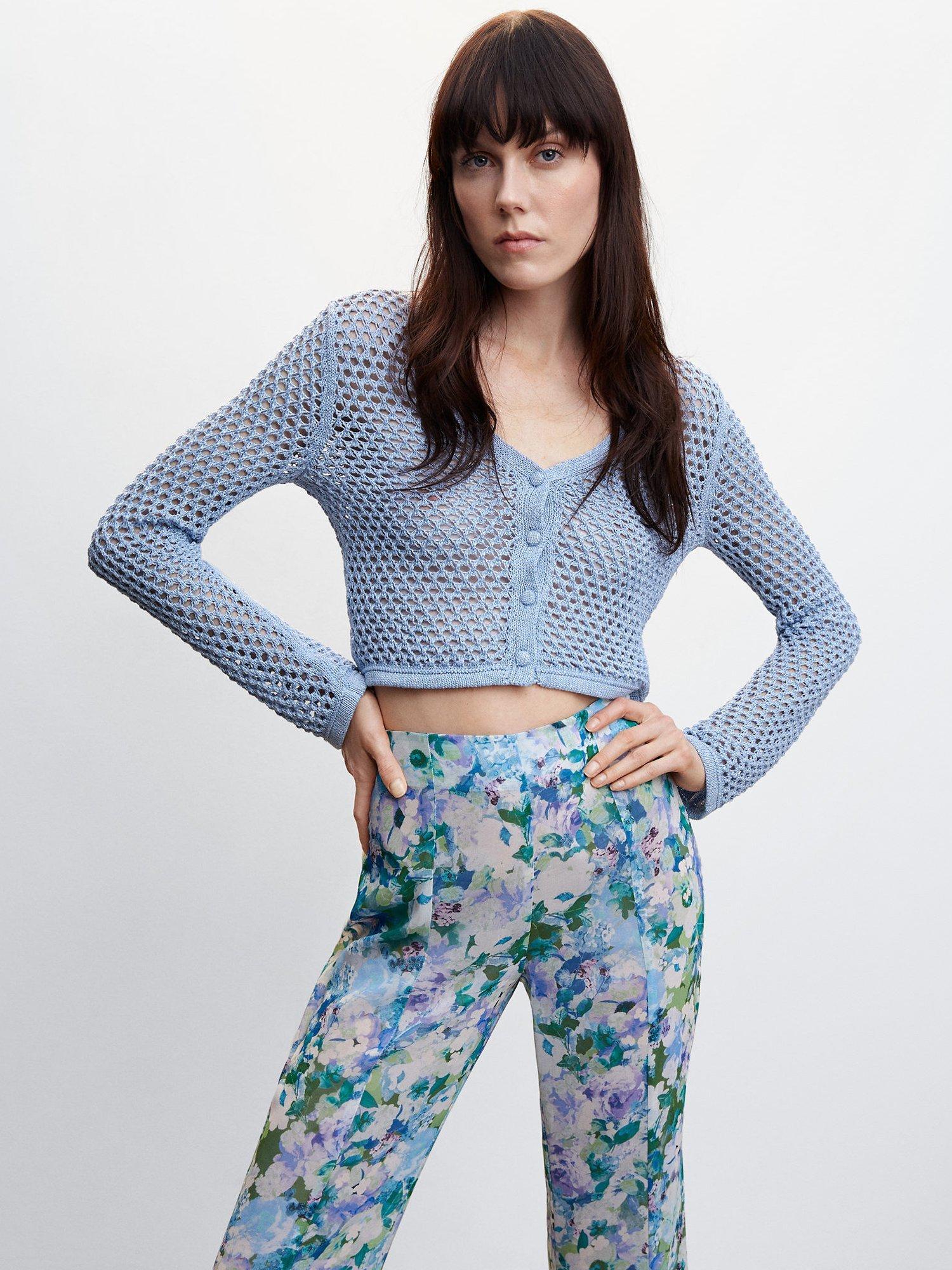 Mango Selpak Open Knit Cropped Cardigan, Medium Blue