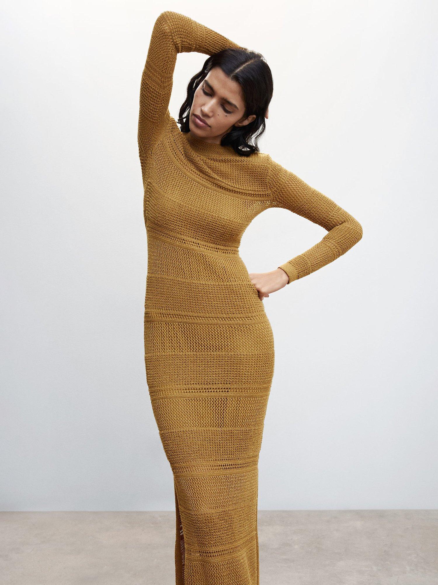Mango Saco Knitted Maxi Dress, Cinnamon