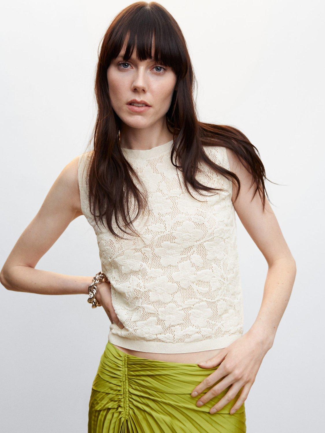 Mango Floral Lace Vest Top, Light Beige