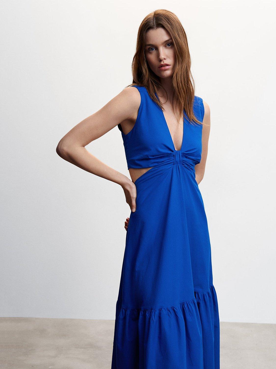 Mango Plunge Neck Midi Dress, Blue