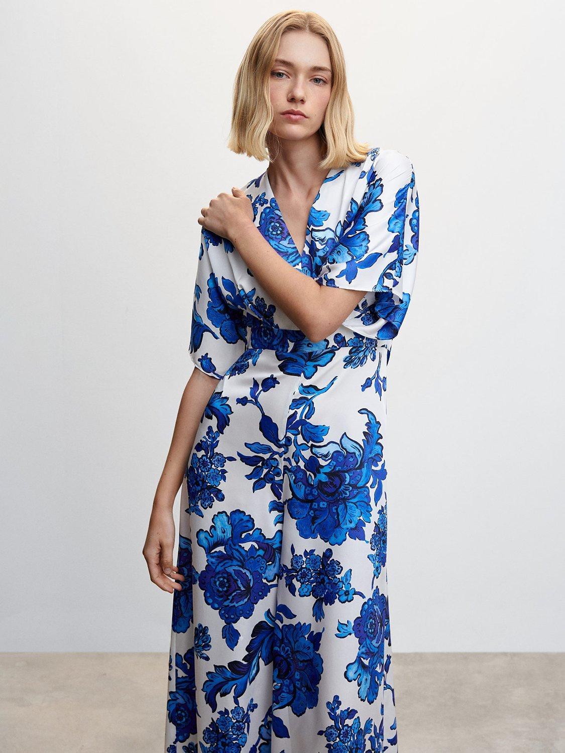 Mango Berries Floral Cropped Jumpsuit, Medium Blue