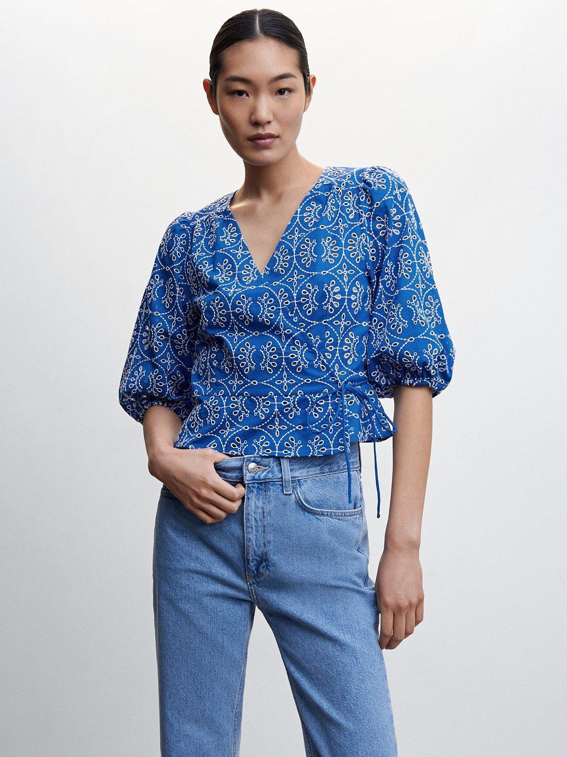 Mango Zafi Embroidered Puff Sleeve Blouse, Medium Blue