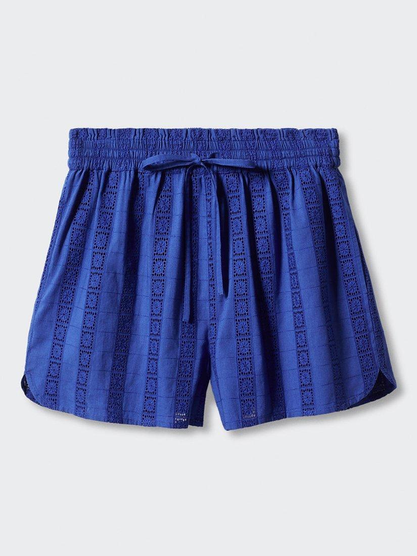 Mango Embroidered Cotton Shorts, Bright Blue
