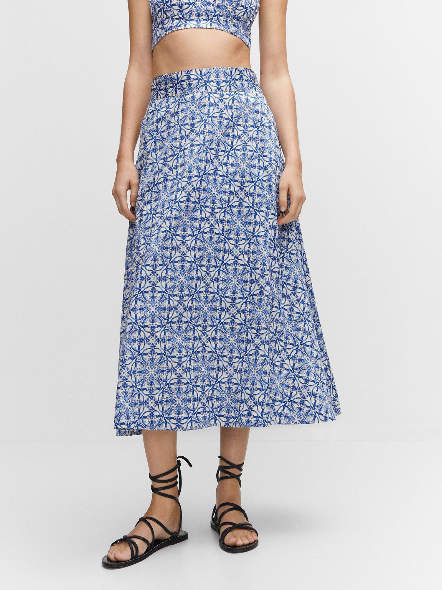 Mango Macarena Printed Midi Skirt, Medium Blue