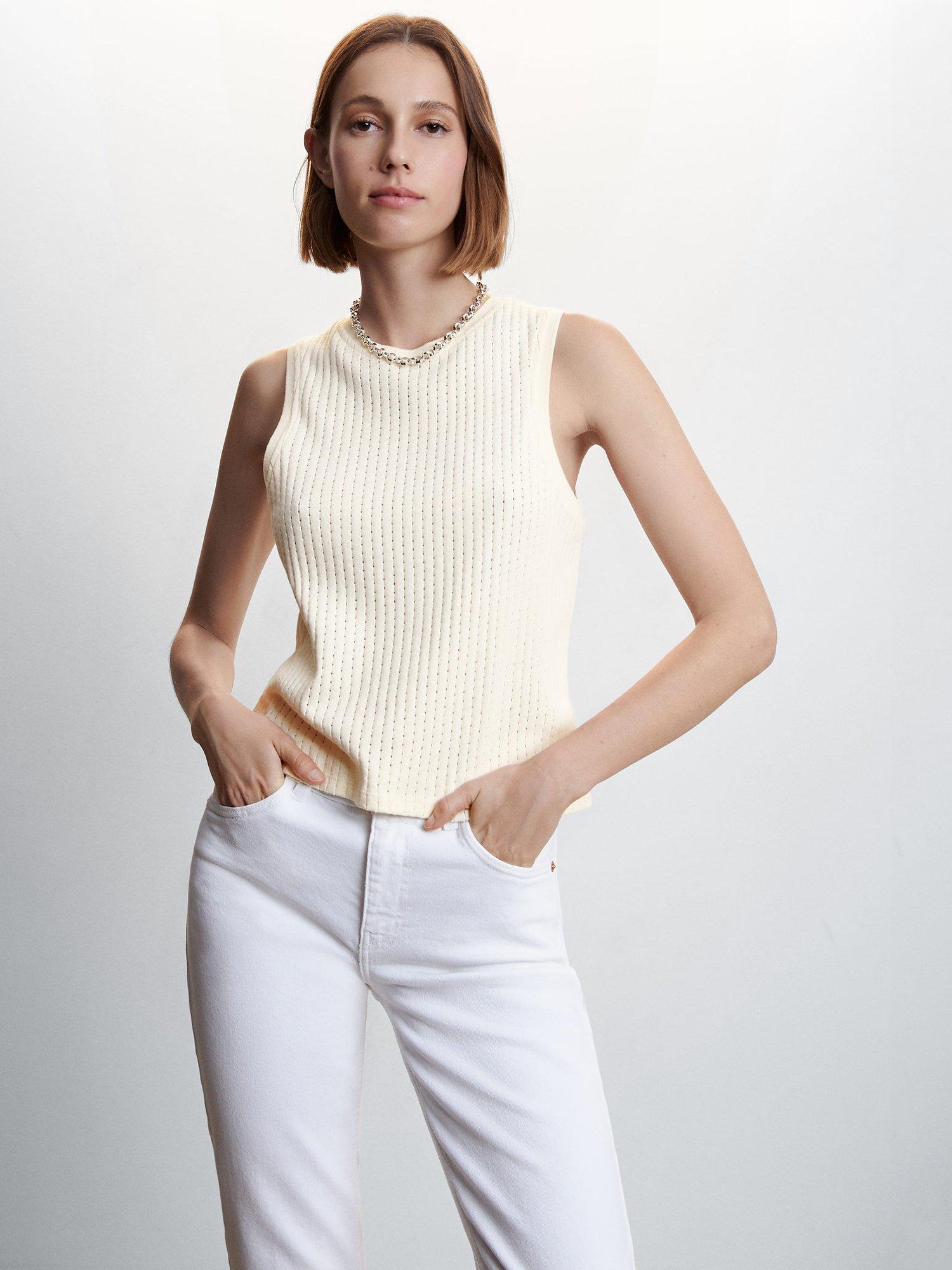 Mango Dotty Sleeveless Top, Light Beige